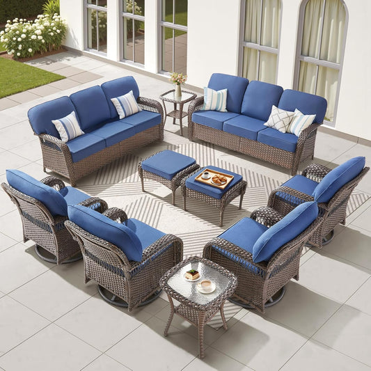 10 Pieces Wicker Patio Furniture Sets Swivel Chairs, All Weather Wicker 3 Seater Sofa with Ottomans Rattan Side Table, Outdoor Conversation Furniture Set for Proch Sunroom Backyard, Blue