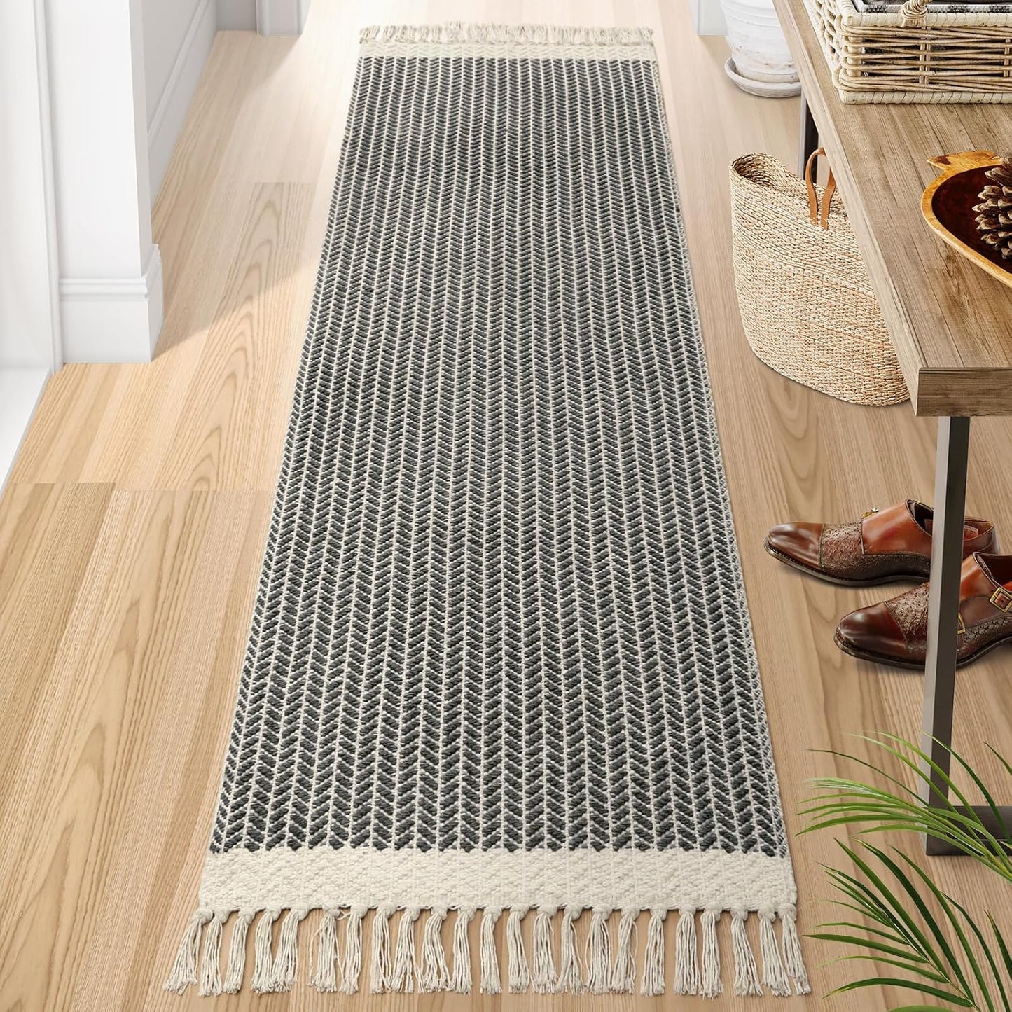 Lahome Boho Hallway Runner Rug, 2x7 Kitchen Runners Rug Washable Bath Rugs for Bathroom Woven Cotton with Tassels, Farmhouse Carpet Non Shedding Grey Rugs for Bedroom Laundry