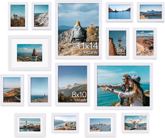 Vittanly Picture Frames Set of 16, Gallery Wall Frame Set with 2Pcs 11x14, 2Pcs 8x10, 6Pcs 5x7 and 6Pcs 4x6 Photo Frames, Picture Frames Collage Wall Decor for Wall or Tabletop Display, White
