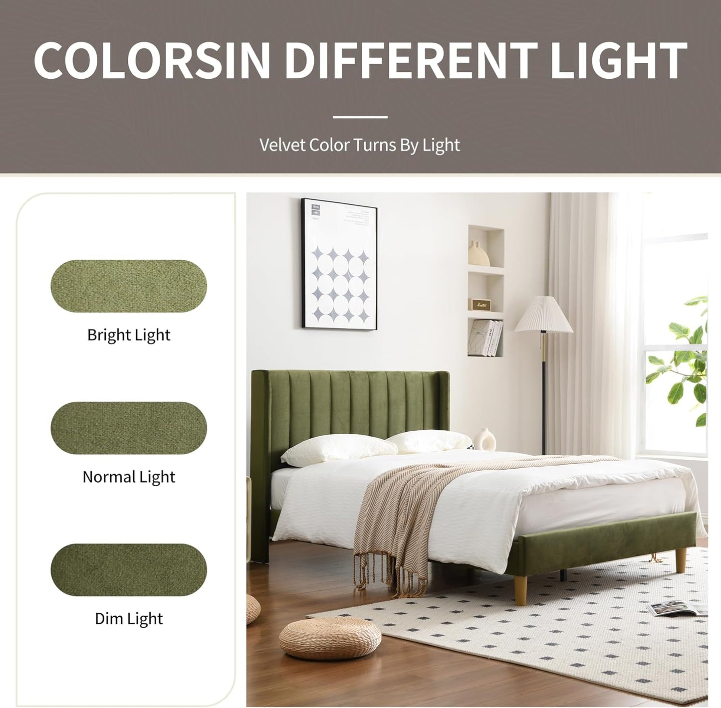 YUHUASHI upholstered Platform Bed Frame/Full Bed Frame/Modern Geometric Double-Wing Design headboard/Velvet Fabric/Easy to Assemble no Noise (Grass Green, Full)