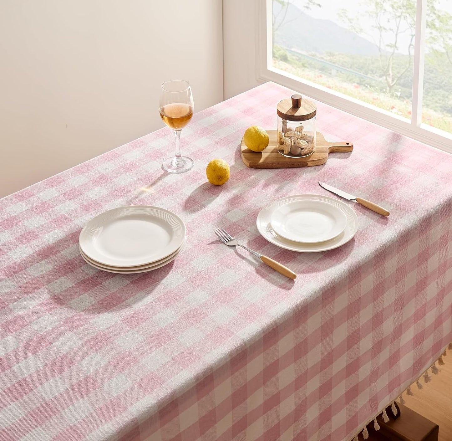 Softalker Checkered Tablecloth Rectangle, Heavy Weight Linen Gingham Outdoor Table Cloth with Tassel, Washable Wrinkle Free Buffalo Plaid Table Cover for Dining/Party/Home - 55 x 120 Inch, Pink