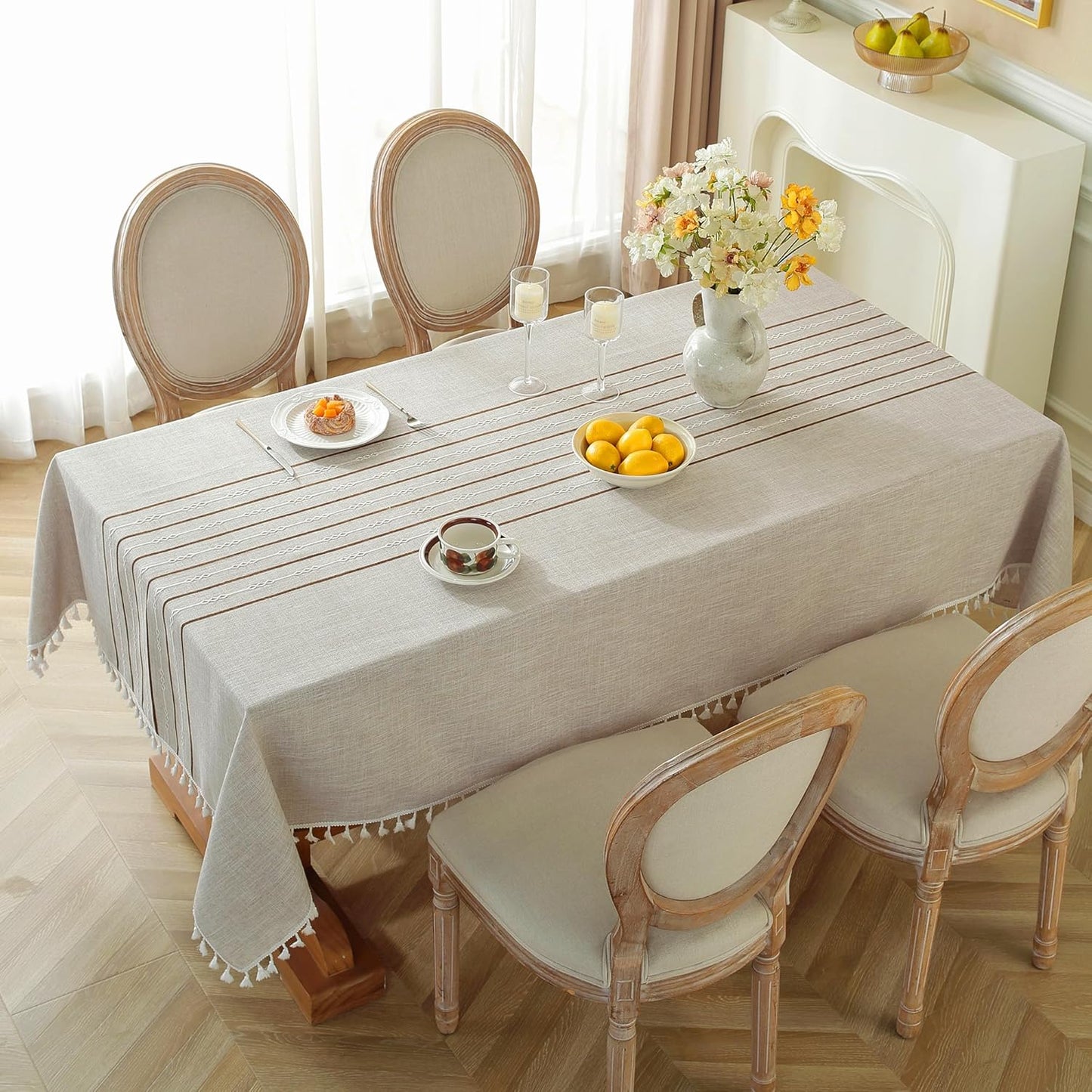 JIALE Tablecloths for Rectangle Tables, Cotton Linen Table Cloth Waterproof Tablecloth Wrinkle Free Farmhouse Dining Tables Cover, Soft Fabric Table Cloths with Tassel, Coffee, 55" X 120", 10-12 Seats