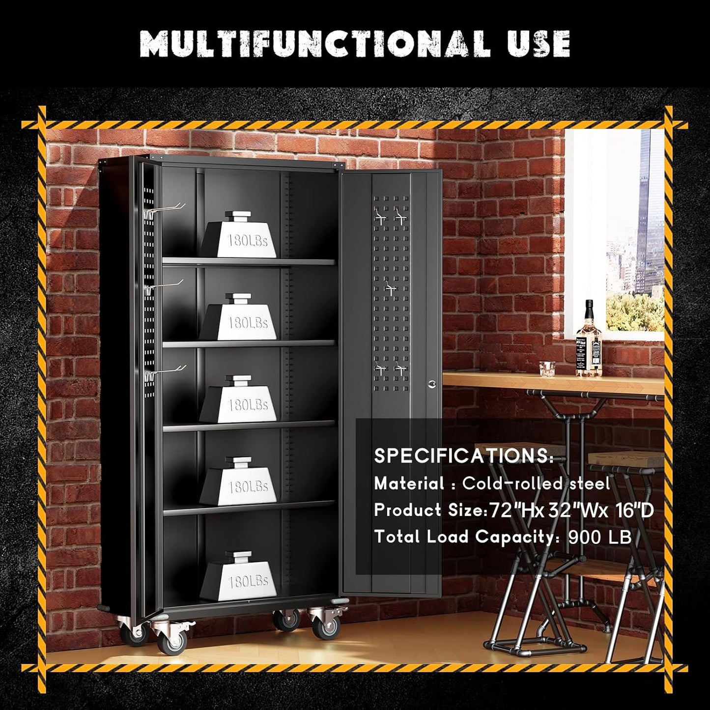 Greenvelly Metal Storage Cabinet with Wheels, Lockable 74" Black Metal Garage Cabinets with 2 Doors and 4 Adjustable Shelves, Rolling Steel Tool Cabinet for Garage, Home Office, School