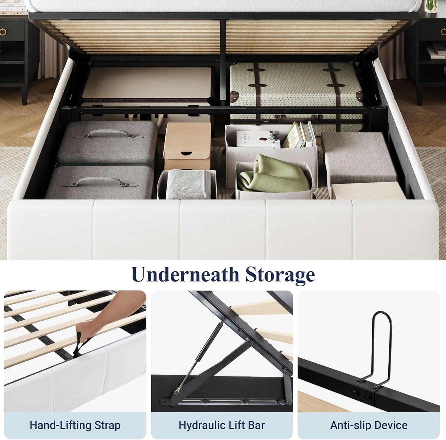 Allewie Full Size Velvet Lift Up Storage Bed Frame, Vertical Channel Tufted Headboard, Hydrualic Underneath Storage, Upholstered Platform Bed, Wooden Slats Support, No Box Spring Needed, White