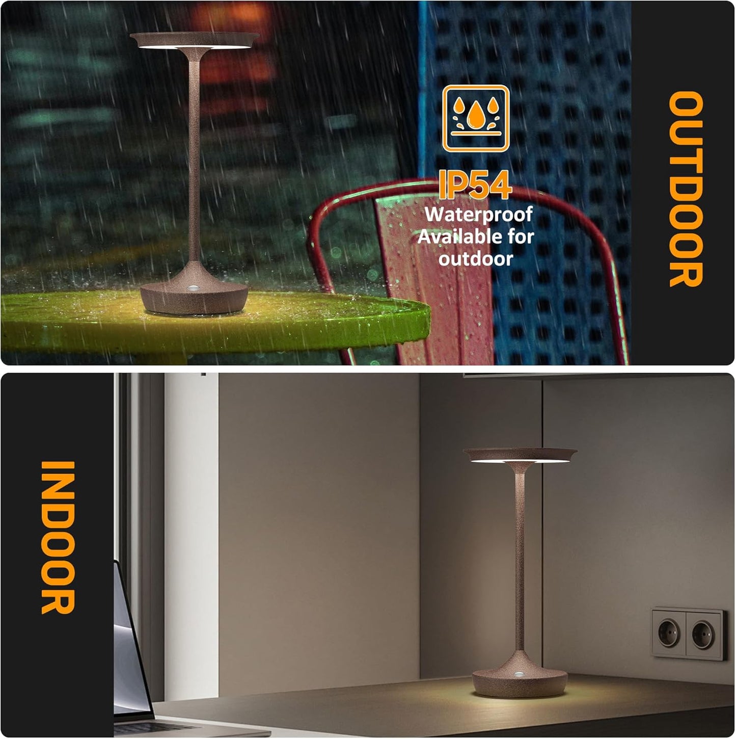 YHT Cordless Rechargeable Table Lamps, Portable 6000mAh Battery Desk Lamp Waterproof 3 Color Stepless Dimming LED Table Light with Memory Function for Outdoor/Dinning/Patio/Restaurant (Rust 1Pack)