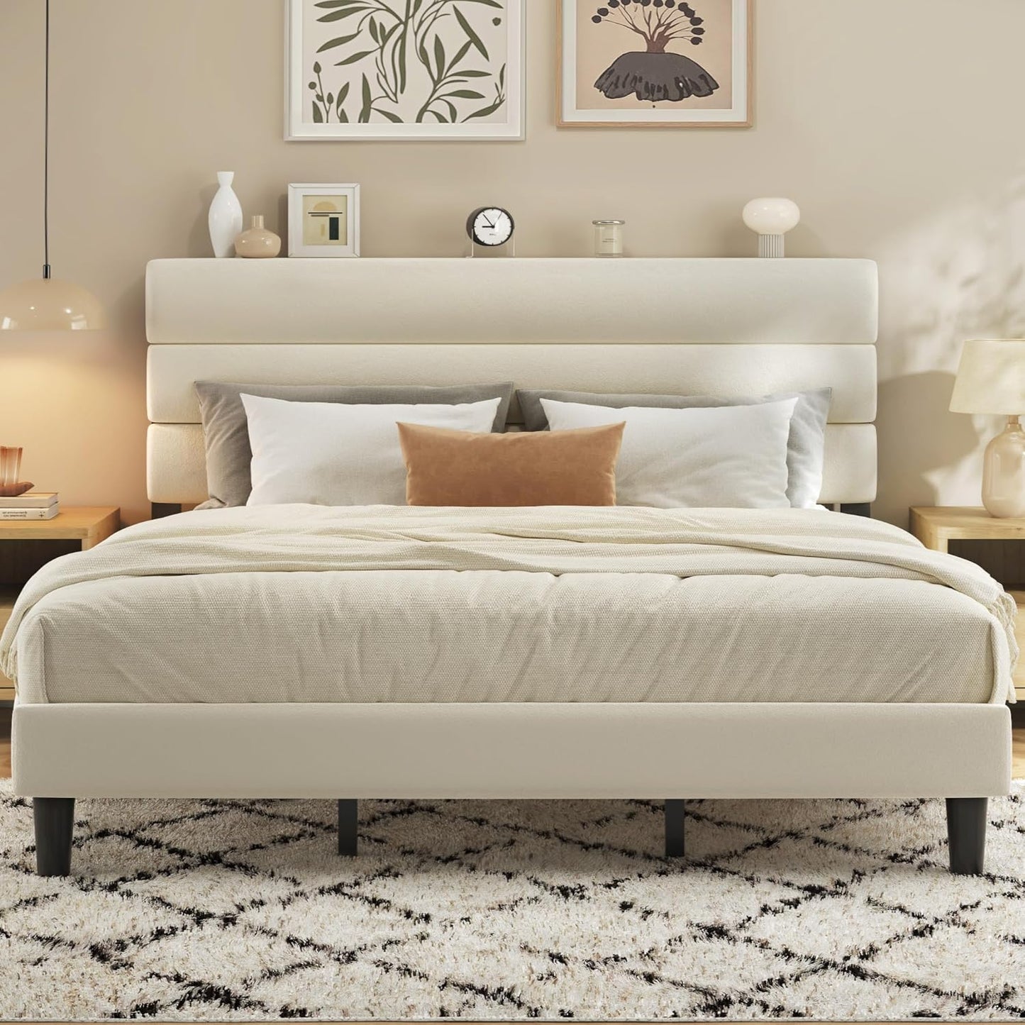 King Bed Frame, Platform Bed with Velvet Upholstered Headboard, No Box Spring Needed, Sturdy Metal Support, Noise Free, Easy Assembly, Mattress Foundation, Modern Bedroom Furniture, Beige