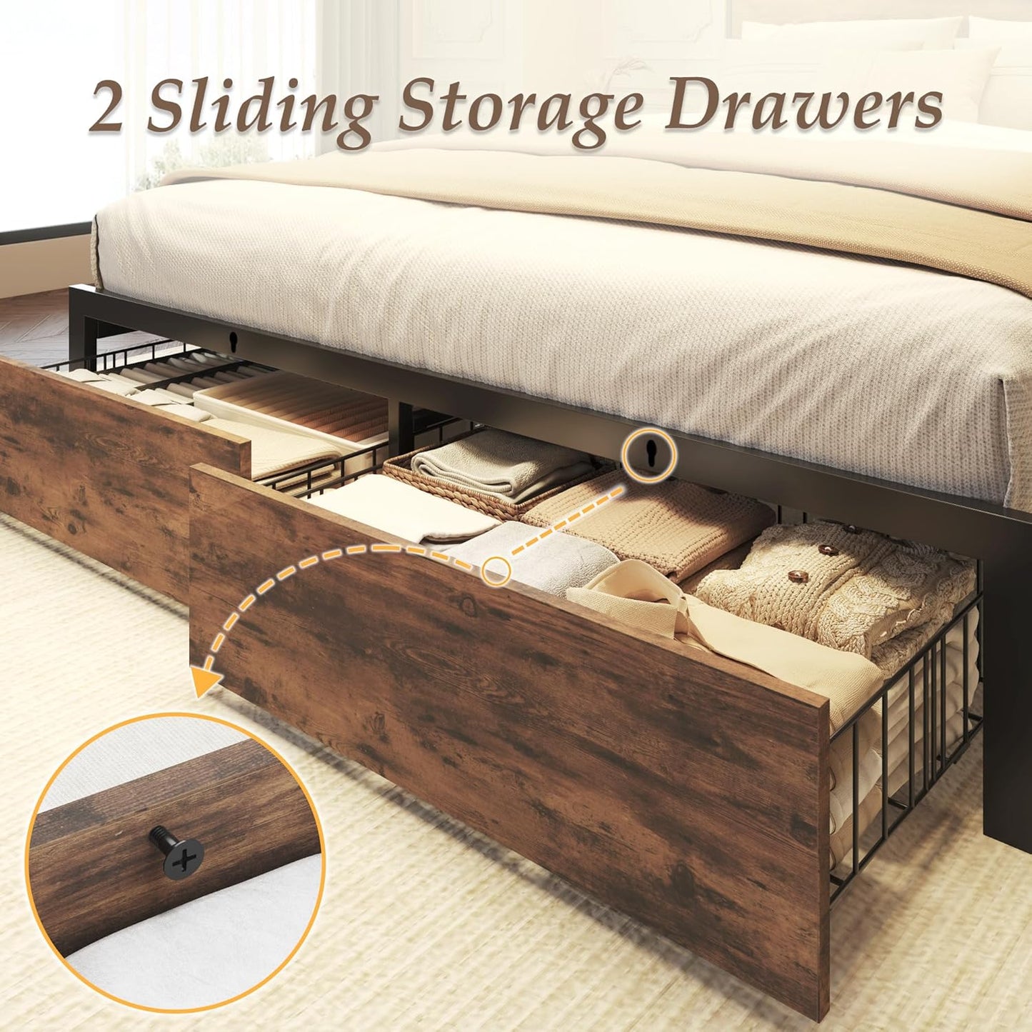 Lifezone Queen Bed Frame with 2-Tier Storage Headboard, Metal Bed Frame with Storage Drawers & Built-in Charging Station & LED, Noise-Free, No Box Spring Needed, Easy Assembly, Rustic Brown