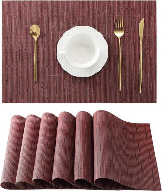 Leetaltree Burgundy Placemats Set of 6 - Heat Resistant Non-Slip Place mats for Dining Table, Washable Durable PVC Vinyl Woven Table Mats（Burgundy, 6）