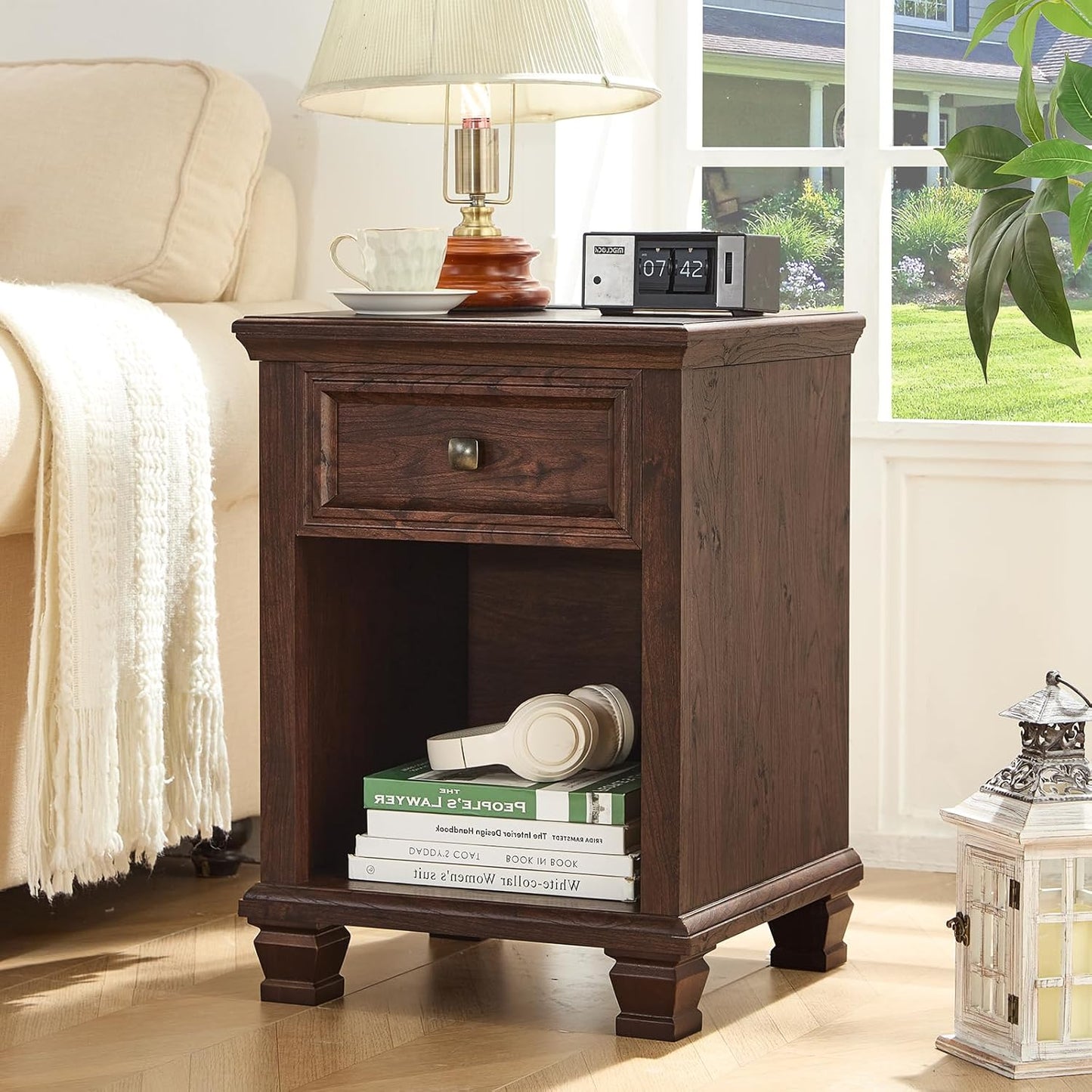 Farmhouse End Tables Living Room Set of 2, Rustic Wood Nightstand with 1 Drawer, Brown Bedside Table with Open Shelf for Bed Room, Side Tables for Living Room, Walnut