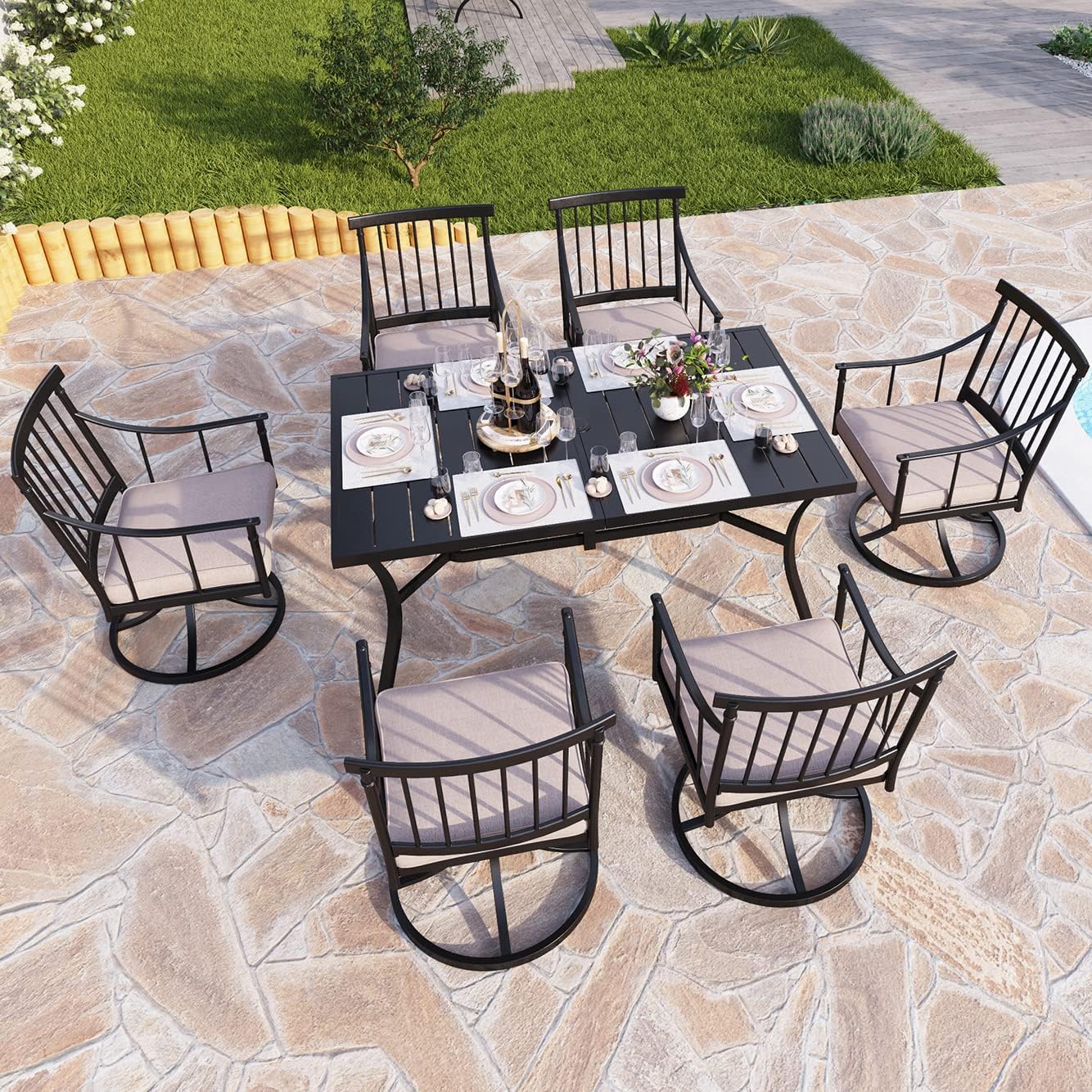 PHI VILLA 7 Pieces Outdoor Dining Set for 6, Black Rectangle Wrought Iron Table with Umbrella Hole & Swivel Metal Chairs with Cushions, Modern Furniture for Patio, Deck, Yard, Porch