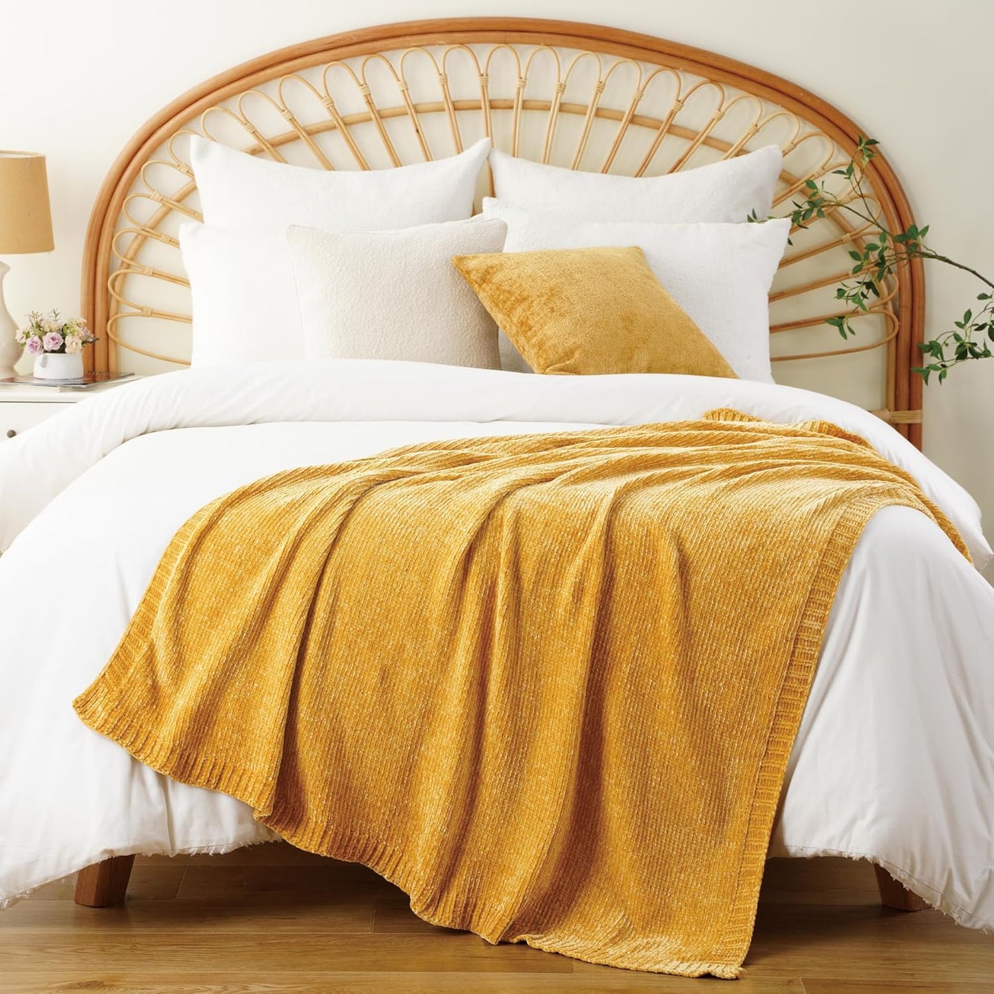 BATTILO HOME Mustard Yellow Throw Blanket for Couch, Knit Gold Chenille Throw Blanket for Sofa,Chair, Soft Cozy Spring Blanket for Bed,Home Decor, 51"x67"