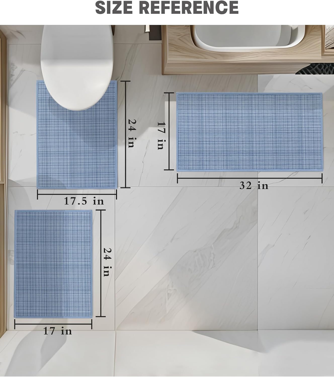 YIHOUSE Bathroom Rugs Sets 3 Pieces, Blue Ultra Thin Bath Mats Fit Under Door, Absorbent Quickly Dry Rubber Backing Braided Bath Mat Set, Non Slip Washable Bath Rugs for Bathroom Floor, Blue