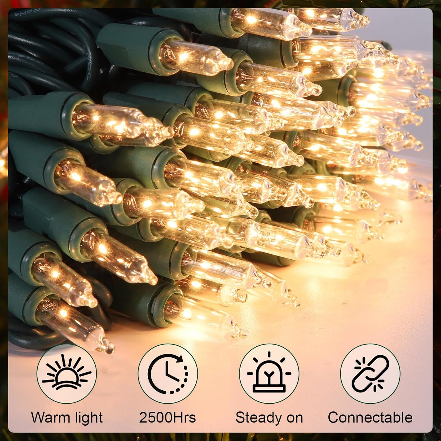 Christmas Lights 100 Count Clear Mini Lights Green Wire UL Certified Connectable Warm White String Lights for Christmas Decor (100 Count 21FT)