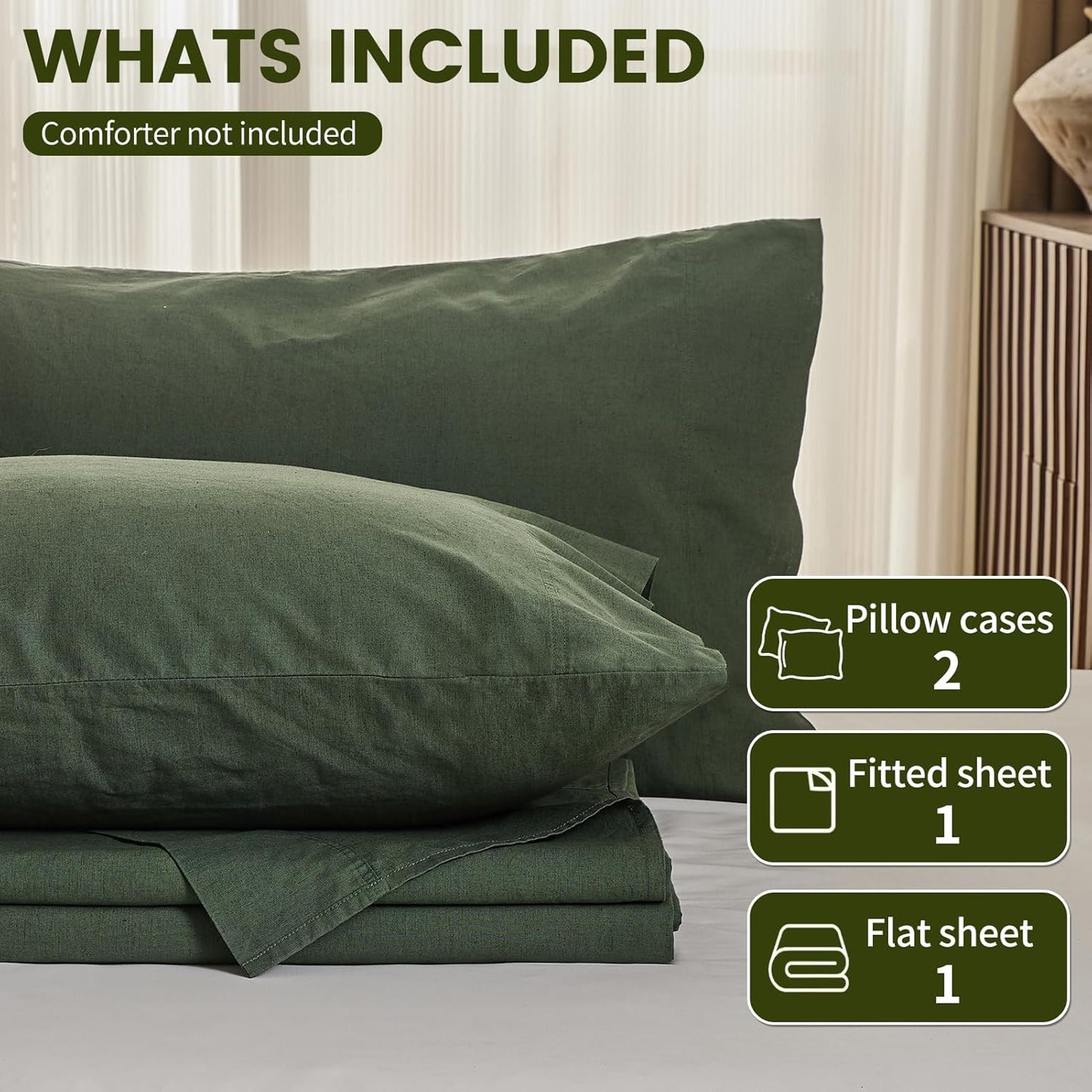 100% Linen Sheets California King Size,Breathable & Durable 4-Piece Bed Flax Sheet Set,Soft All-Season Bedding for Hot Sleepers 16" Deep Pocket Oeko-TEX Certified,（Cal King, Forest Green）