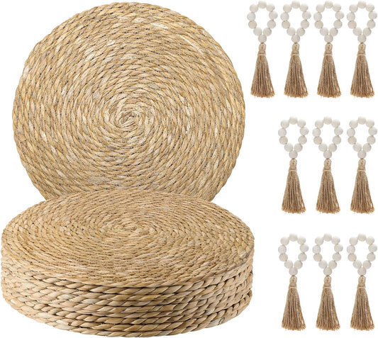 Woven Placemats Set of 10, 13" Round Rattan Placemats Natural Water Hyacinth Placemats with Wooden Beads Napkin Rings, Boho Braided Wicker Placemats for Kitchen Dining Table Decor