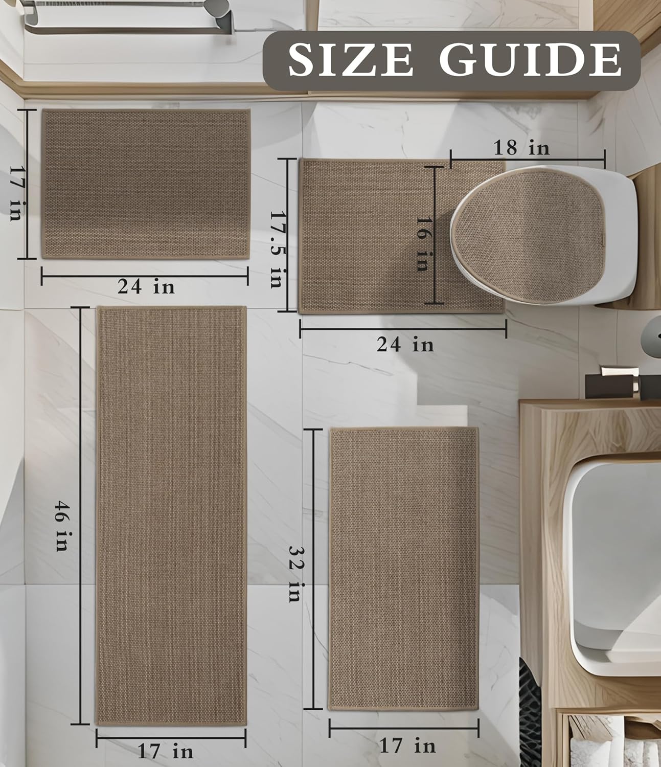 YIHOUSE Bathroom Rugs Sets 5 Pieces, Grey Ultra Thin Bath Mats Fit Under Door, Absorbent Quickly Dry Rubber Backing Braided Bath Mat Set, Non Slip Washable Bath Rug for Bathroom Floor, Grey