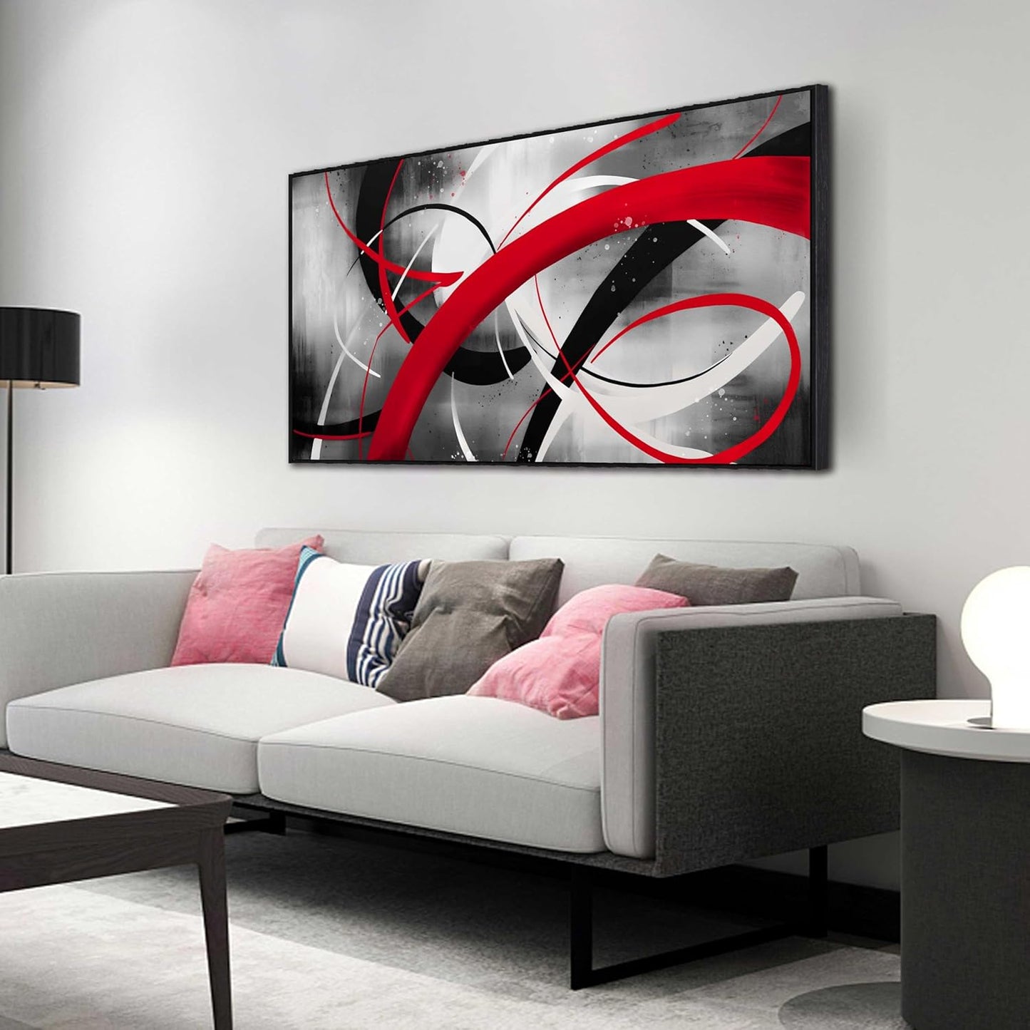 Abstract Wall Art for Living Room, Black White and Red Line Canvas Wall-Decor for Bedroom, Large Size 29x59 Inches Framed