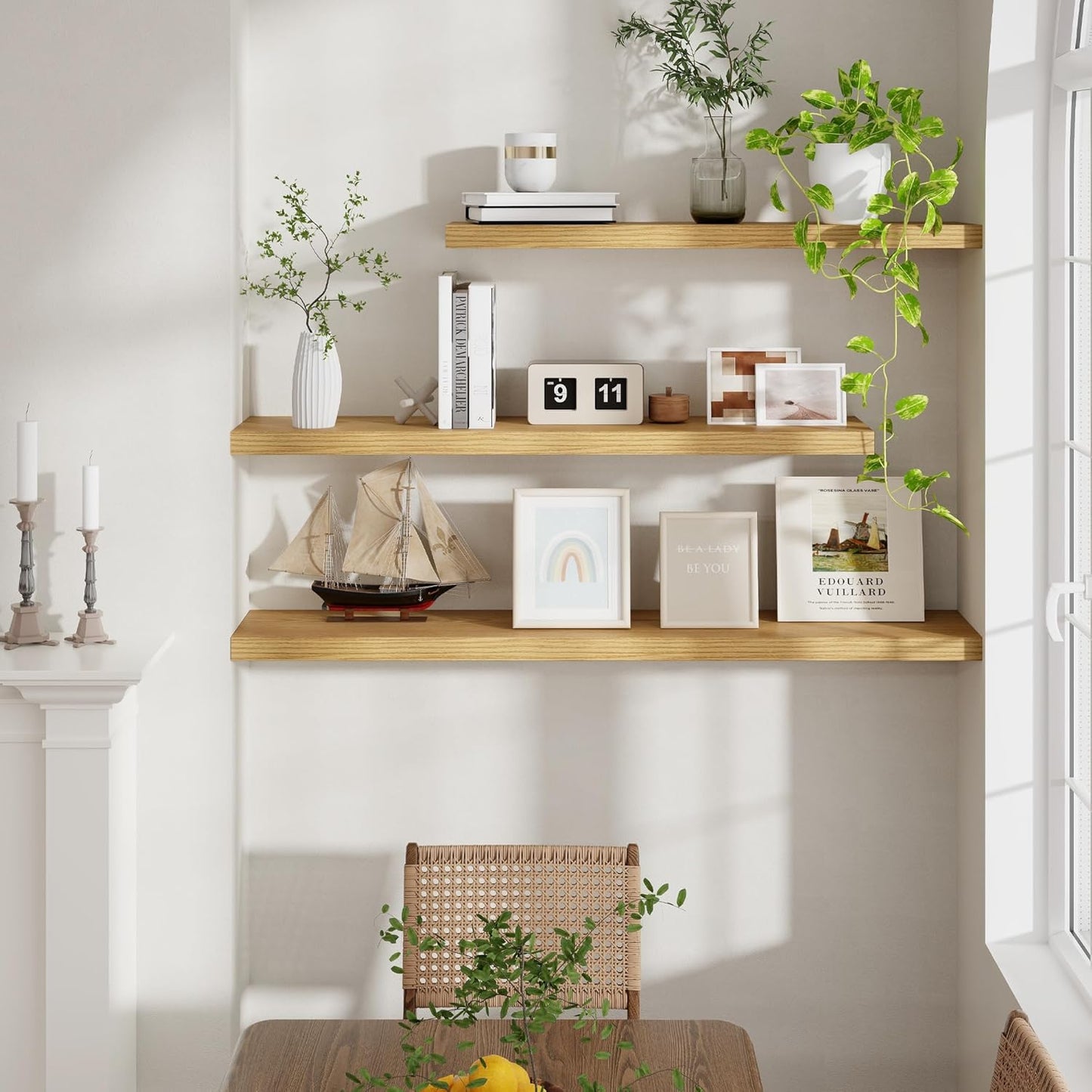 48 Inch Floating Shelves, 9.3 Inch Deep Floating Shelf for Wall, Rustic Wood Wall Shelves 48 x 9.3 x 1.5, Large Bathroom Shelf 48 Inch Long, Deep Shelves for Kitchen, Living Room, Oak Color, 2 Pack