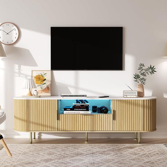 68.5" Fluted TV Stand, Modern Entertainment Center for TVs Up to 68 inch, Wood TV Console with Faux Marble Top and LED, TV Cabinet Media Console, for Living Room, Bedroom, Oak