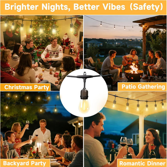 Outdoor Safety String Lights 150FT - Commercial Grade Low Voltage Strand with 60 S14 Shatterproof Bulbs for Tree Garden Yard bistro Cafe | Warm Yellow 3500K Party Lights | IP65 Waterproof | UL Listed