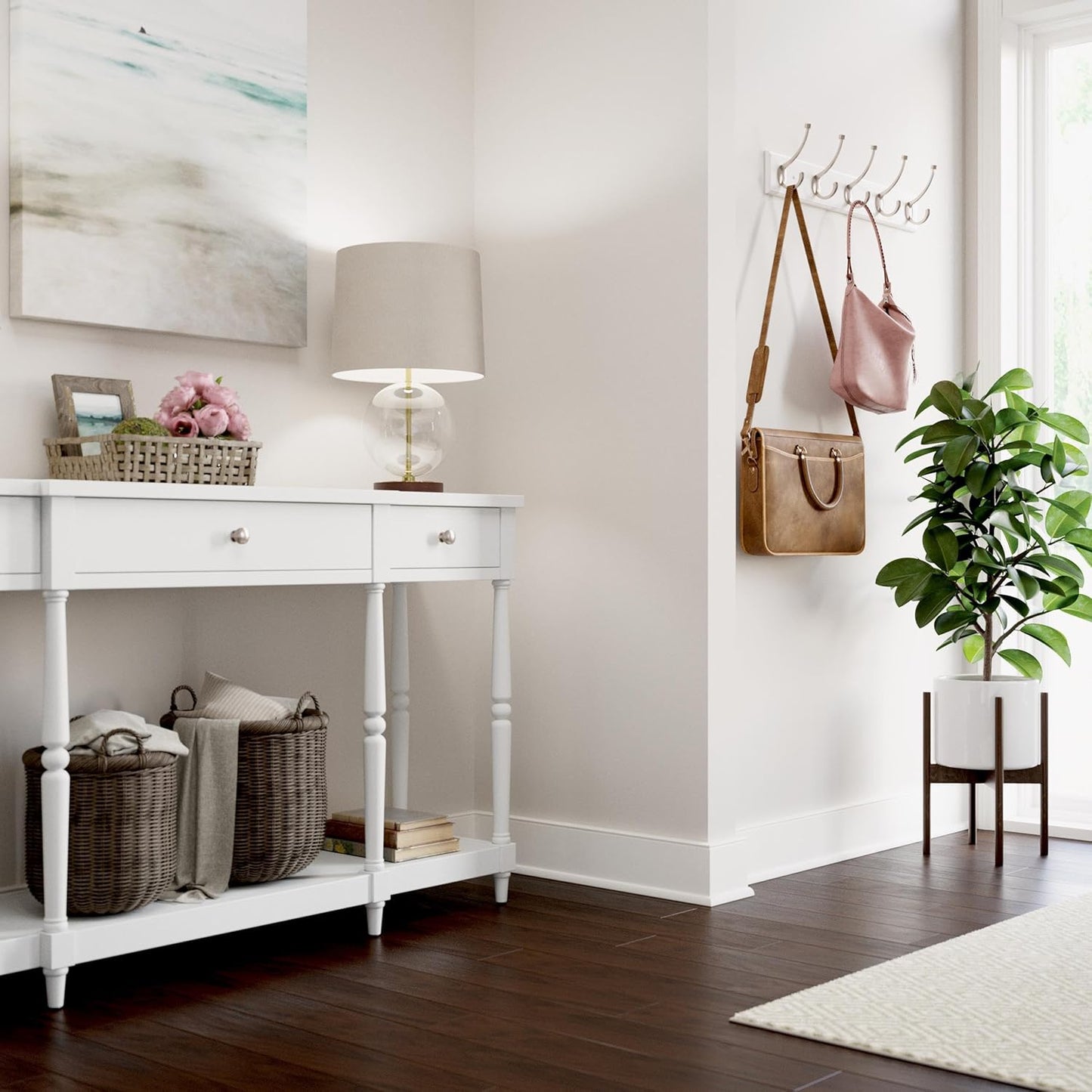 Franklin Brass Pilltop (1-Pack) 27' Coat Rack Wall Mount Pure White Hat Rack with 5 Hooks Mounted Hanging Hook Rail for Clothes, Towels, Purses, Bags, Kitchen, Entry, Closet Organization B46716K-PMN-R