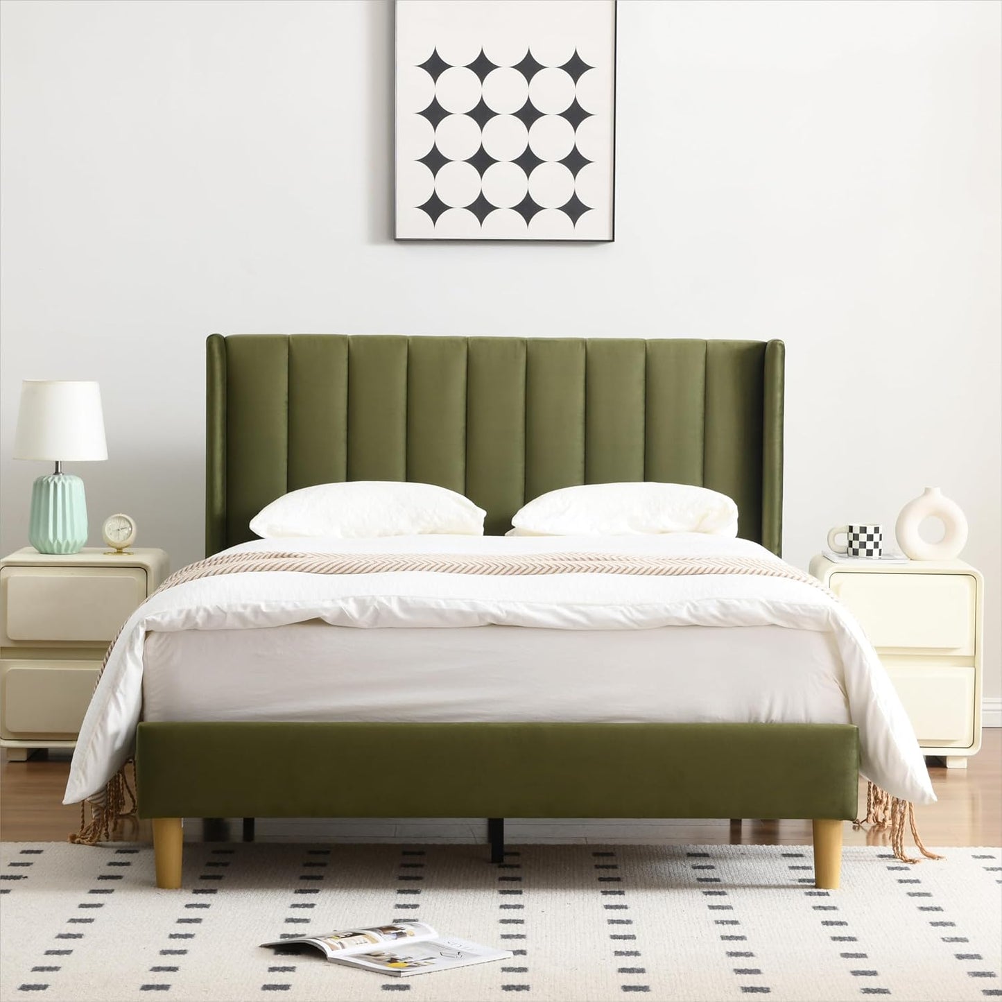 YUHUASHI upholstered Platform Bed Frame/Full Bed Frame/Modern Geometric Double-Wing Design headboard/Velvet Fabric/Easy to Assemble no Noise (Grass Green, Full)