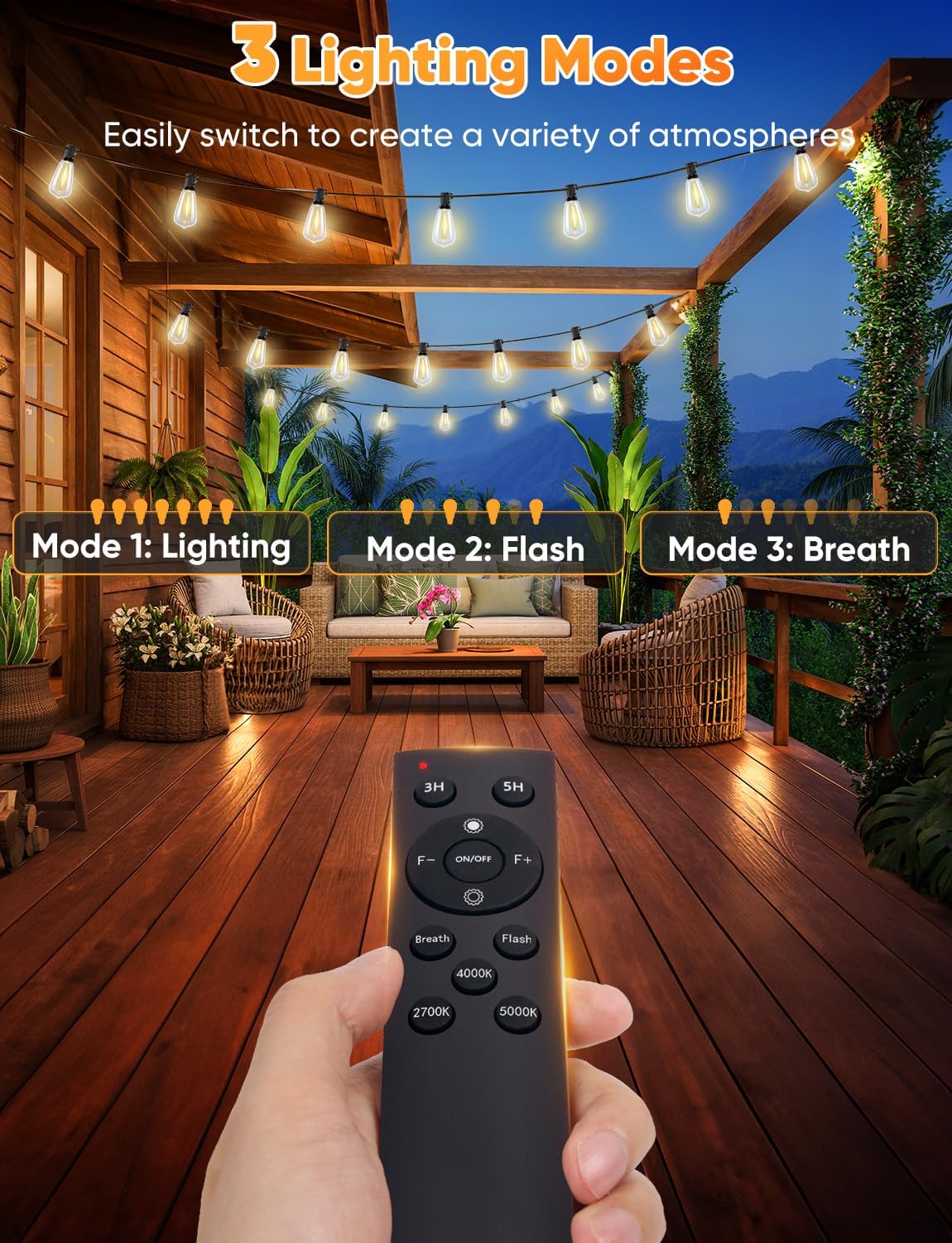 Brightever 3 Color in 1 LED Outdoor String Lights with Remote, 120FT Patio Lights Outdoor Waterproof with 38 Vintage Edison Bulbs, 3 Modes 2 Timer Dimmable String Light for Outside, 2700K/4000K/5000K