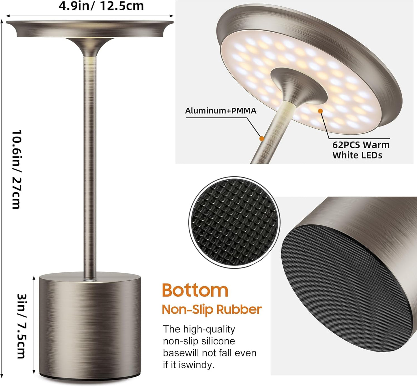 Cordless Table Lamp, Portable Rechargeable 6000mAh Outdoor Table Lamp, 3 Color Stepless Dimming Battery Powered Lamp, LED Table Light for Dinner/Bedroom/Restaurant/Outdoor (Silver)