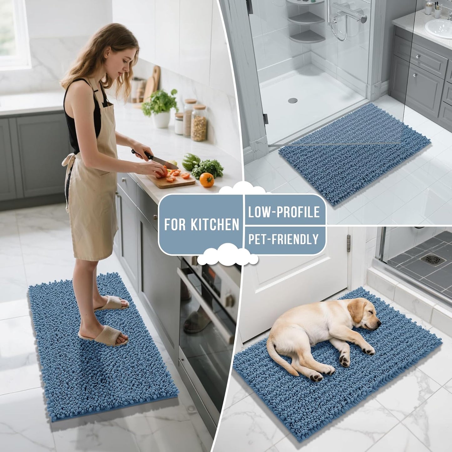 Yimobra Bathroom Rugs Sets 2 Piece - Quick Dry Extra Thick Luxury Chenille Bath Mat, Non Slip Super Absorbent for Tub Shower Sink, Machine Washable Shaggy Floor Mat, 24"x17+24"x20" Inch, Denim Blue