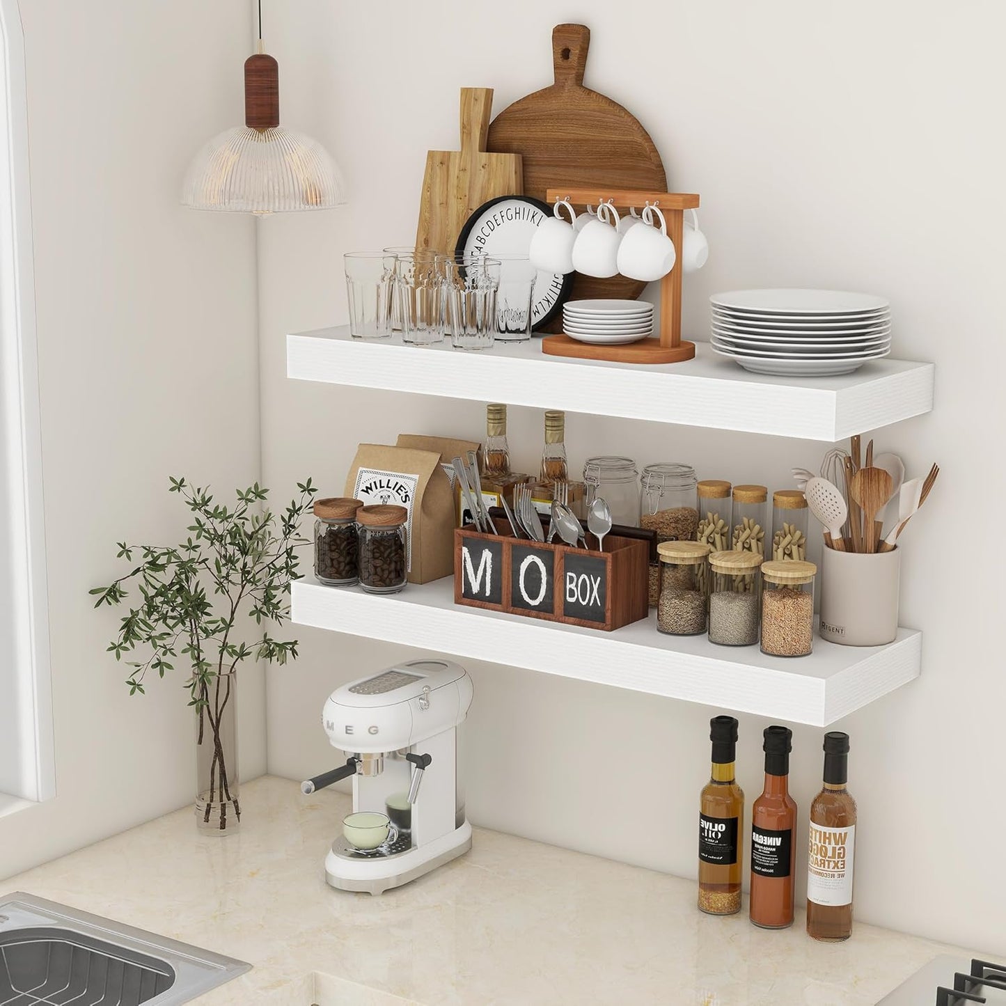 Deep Floating Shelves, 12'' Deep Rustic Large Floating Shelves Set of 2, White Shelves for Wall 36 Inches Long, Wood Shelves for Living Room Laundry Room Bedroom Kitchen Home Office - White