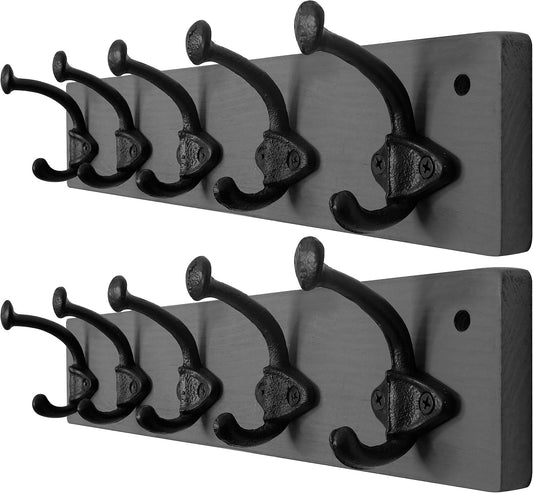 WEBI Rustic Coat Rack Wall Mount,5 Cast Iron Coat Hooks Wall Mounted,Heavy Duty Antique Vintage Hooks for Hanging Coats,Jacket,Clothes,Grey,2 Packs