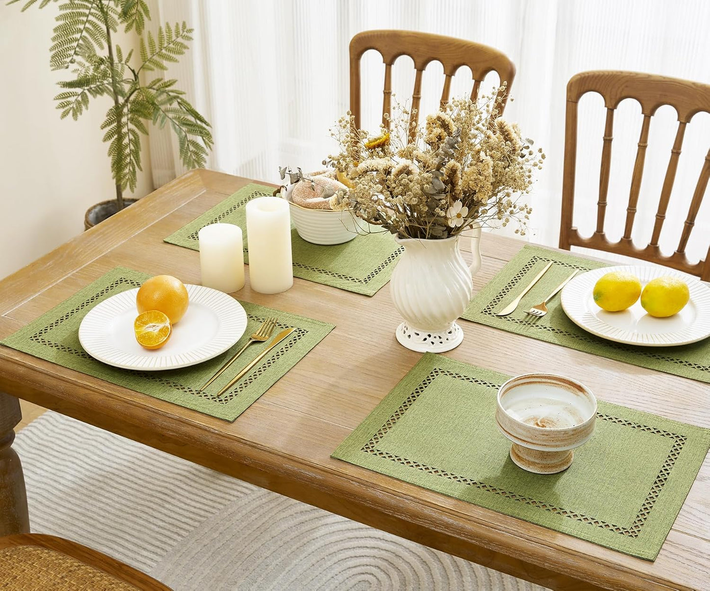 Burlap Placemats Set of 4, 12 x 18 Inch Rustic Geometric Hollow Place Mats, Heat Resistant Placemats for Farmhouse Kitchen Table Decor, Sage Green 4PCS