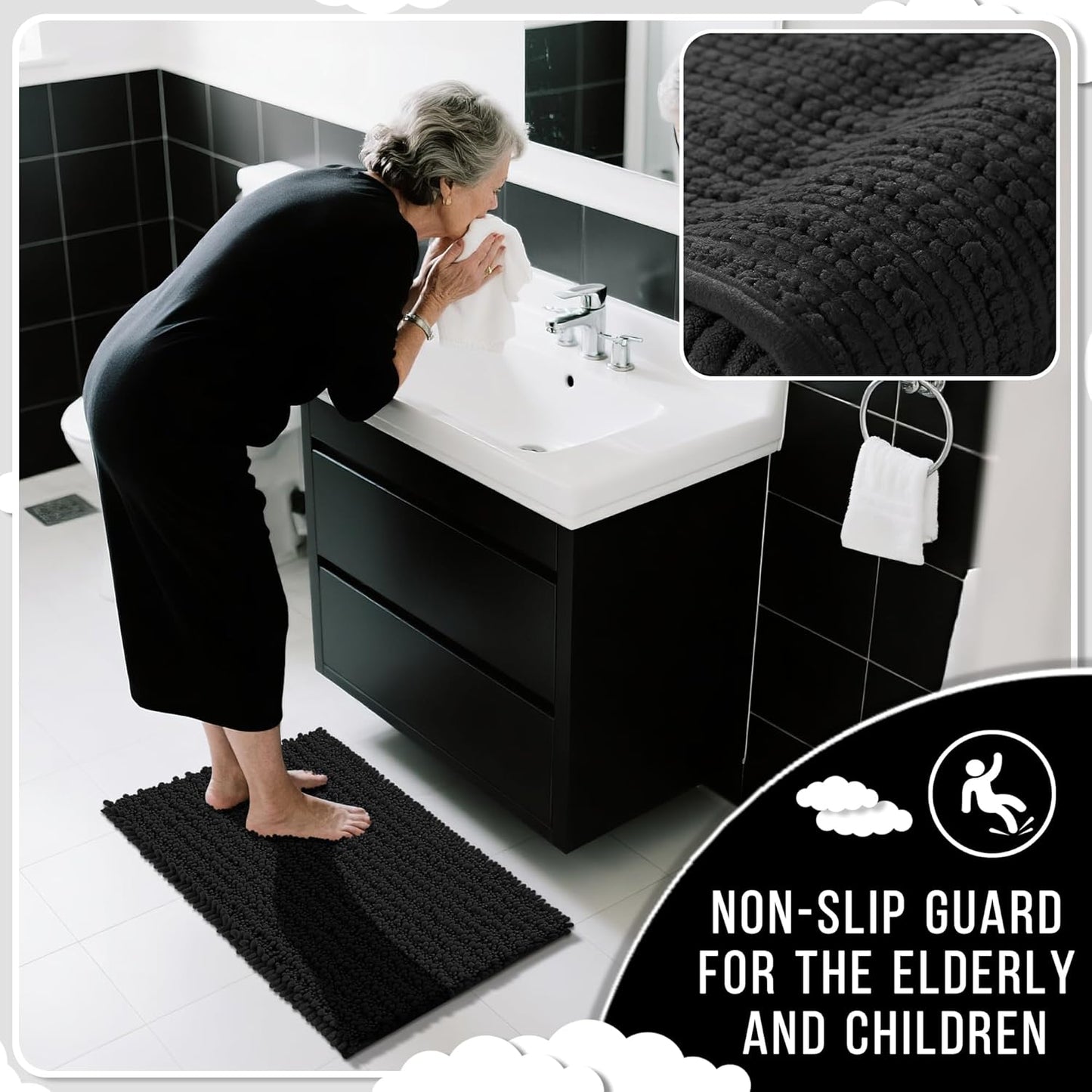 Yimobra Bathroom Rugs Sets 2 Piece - Quick Dry Extra Thick Luxury Chenille Bath Mat, Non Slip Super Absorbent for Tub Shower Sink, Machine Washable Shaggy Floor Mat, 24"x17+24"x20" Inch, Black