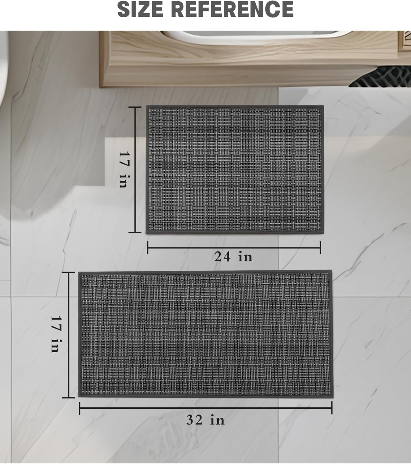YIHOUSE Bathroom Rugs Sets 2 Pieces, Dark Grey Ultra Thin Bath Mats Fit Under Door, Absorbent Quickly Dry Rubber Backing Braided Bath Mat Set, Non Slip Washable Bath Rugs for Bathroom Floor, Grey