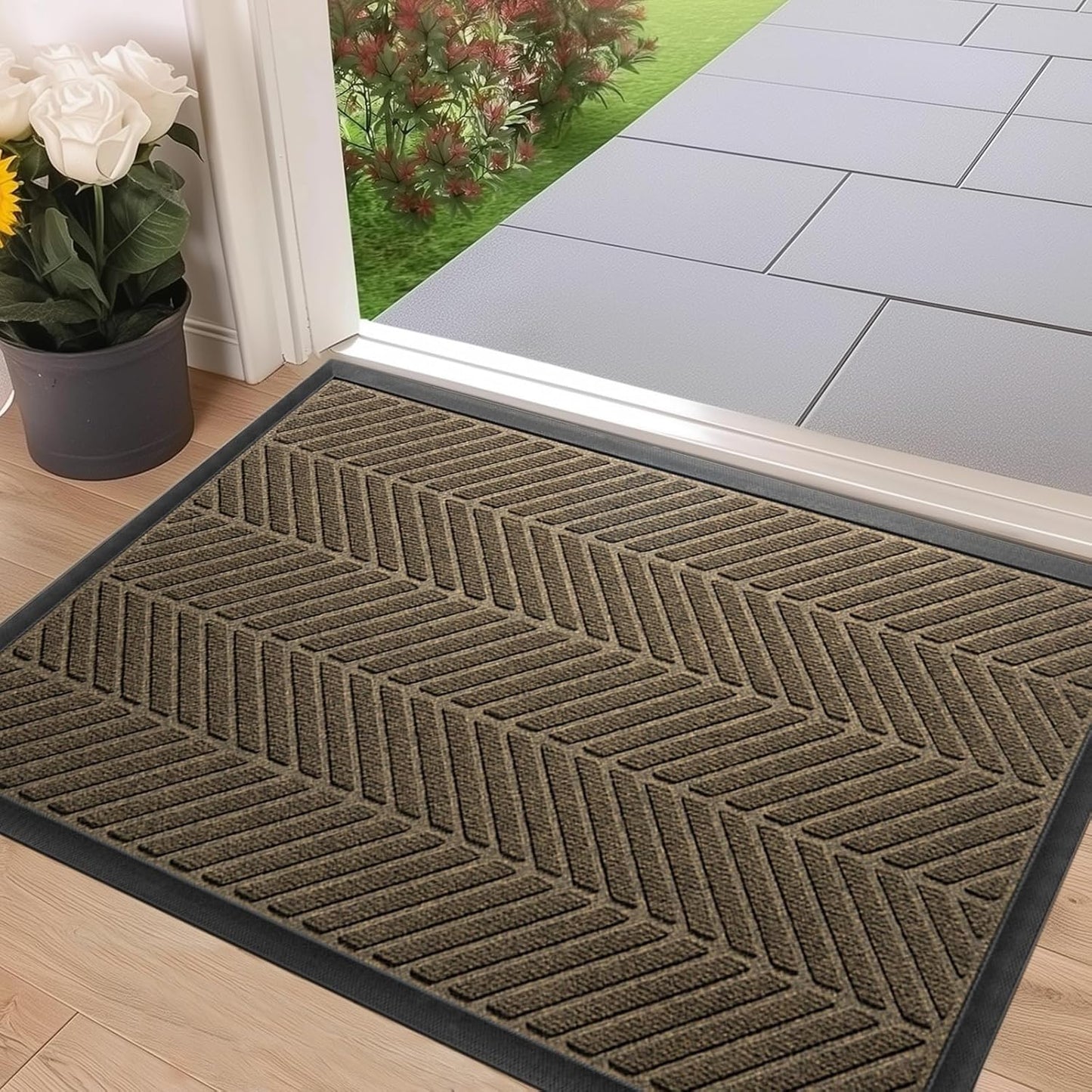Front Door Mat 47"x32" Indoors Outdoors Welcome Mats, Waterproof Non-Slip Rubber Backing Heavy Duty Doormat Outside Entrance, Low Profile Entryway Rugs Floor Mat for Patio, Pattern A Brown
