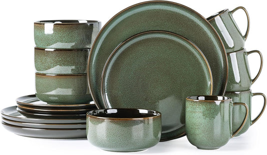 LERATIO Ceramic Dinnerware Sets for 4,16-PieceReactive Glaze Plates and Bowls Set with Mugs,Highly Chip and Crack Resistant | Dishwasher,Microwave & Oven Safe Dishes set-Green