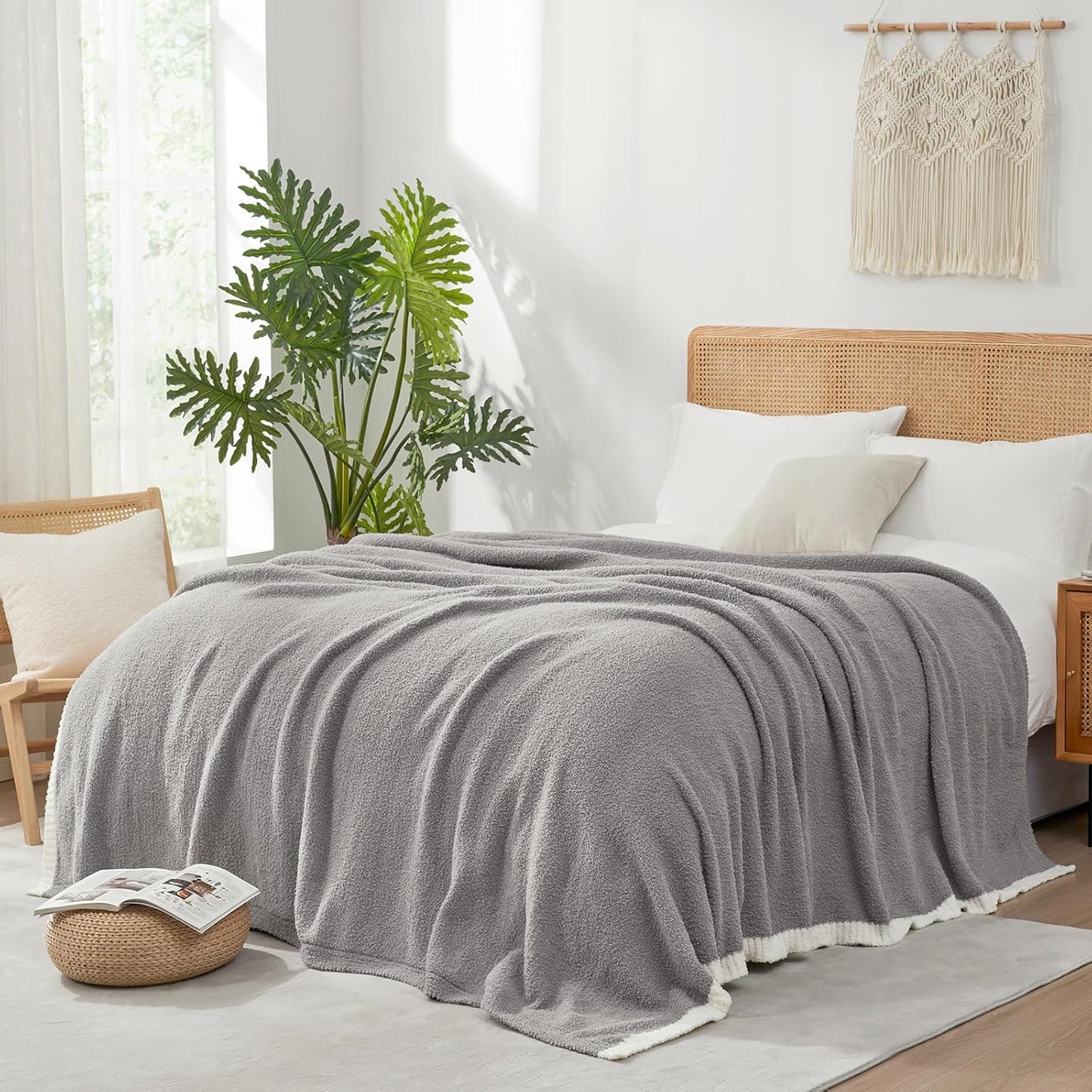 Snuggle Sac Grey Bedding Blankets Queen Size 90x90 inches, Reversible Microfiber Fluffy Fuzzy Soft Throw Cozy Knit Blanket for Women Mothers Birthday Gifts