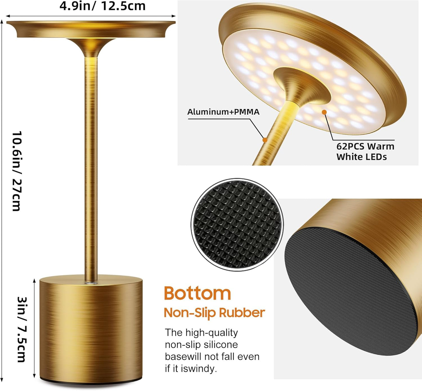 2Pack Cordless Table Lamp,Rechargeable 6000mAh Battery Operated Portable Table Light, 3 Color Stepless Dimmable Battery Lamps, LED Table Light for/Restaurant/Outdoor/Patio (2Pack Gold)