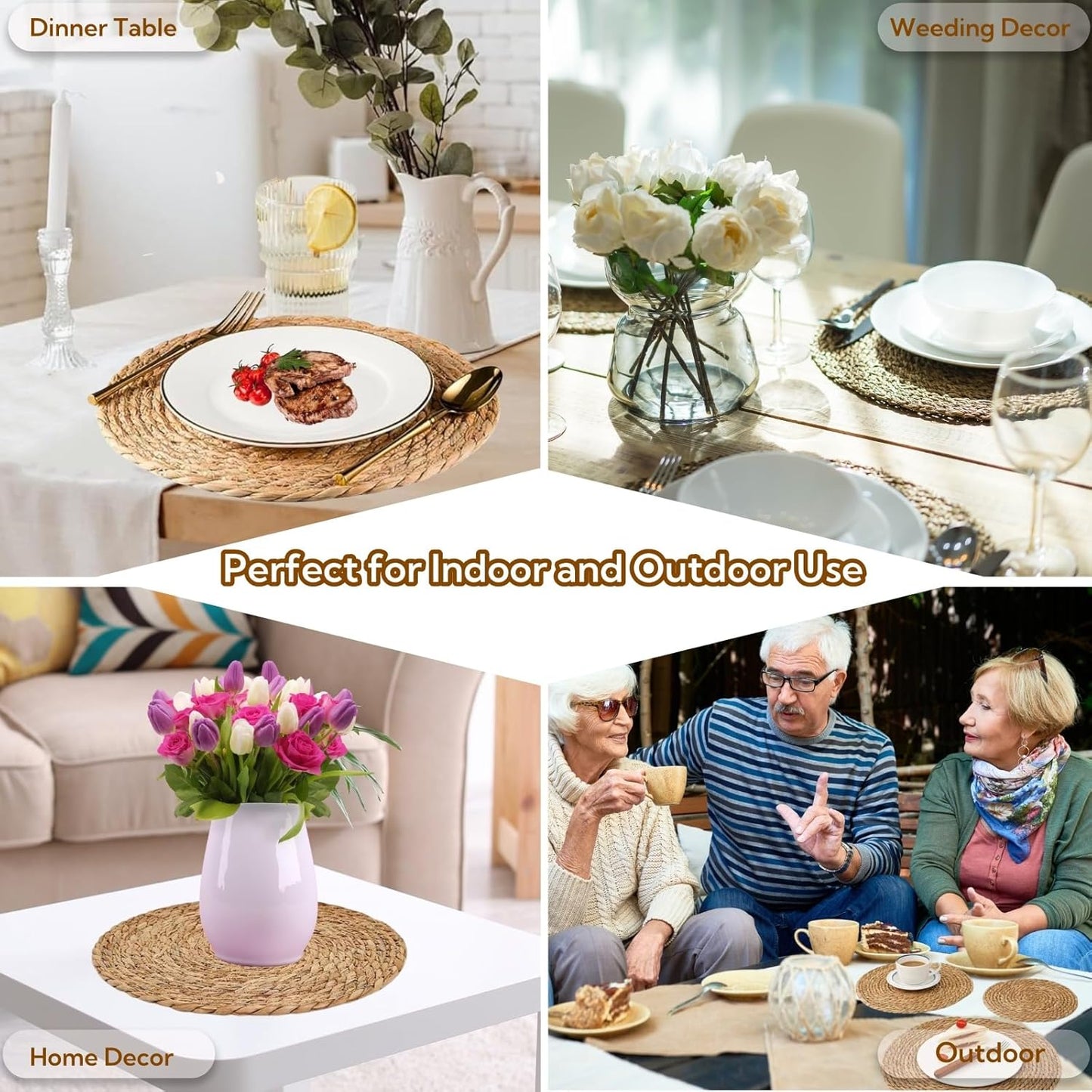 Woven Placemats Set of 4, 13.5" Round Rattan Placemats, Natural Water Hyacinth Place mats, Farmhouse Weave Place Mats, Rustic Braided Wicker Table Mats for Dining Table, Home, Outdoor