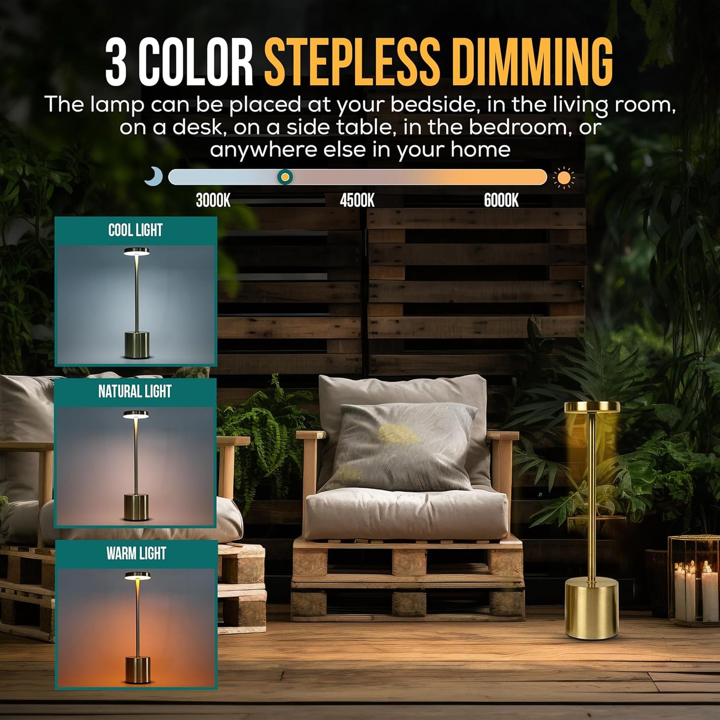 Cordless Table Lamp Pack of 2 (Gold) Rechargeable Lights - Set of 2 USB Chargers Included - LED 3-Color Dimmable Lamps for Restaurant Dinner Dining Kitchen Coffee Table Patio and Portable Lighting