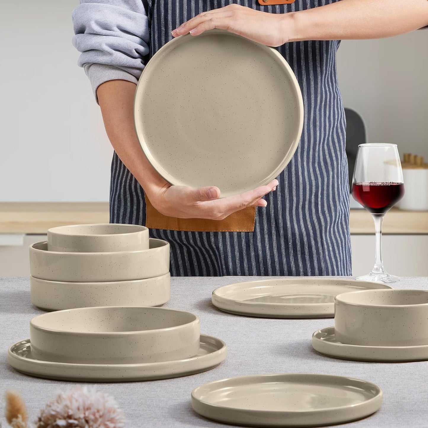 Herogo 24 Piece Dinnerware Sets with Double Bowls, Stoneware Plate and Bowls Set for 6, Ceramic Dinner Dishware for Kitchen Dining, Microwave & Dishwasher Safe, Speckled Khaki