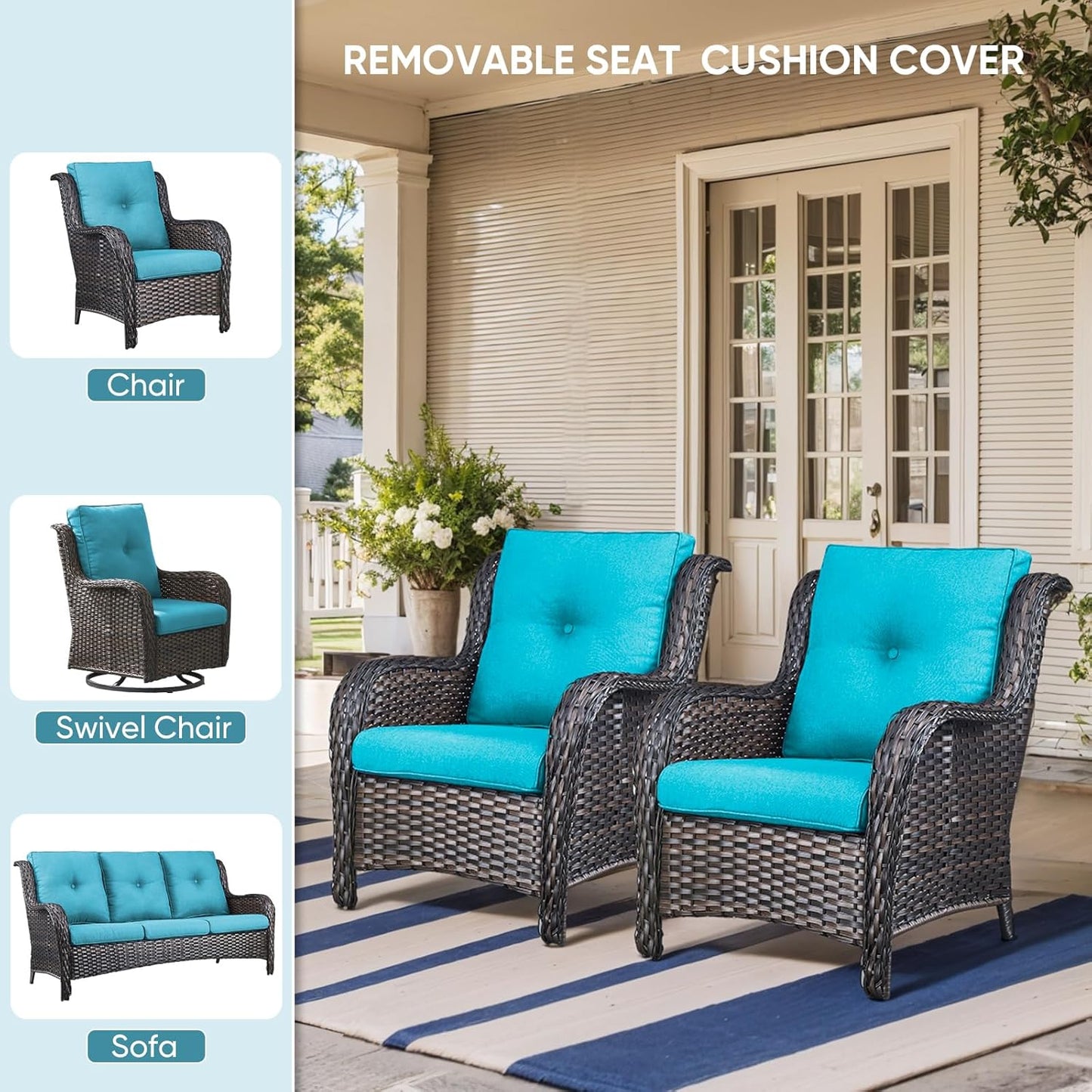10-Piece Outdoor Patio Cushion Set - Fade & Water Resistant with Removable Olefin Cover, 22x24x4 Inch Memory Foam Cushions for Wicker Sectional Sofa – Teal/Buckle