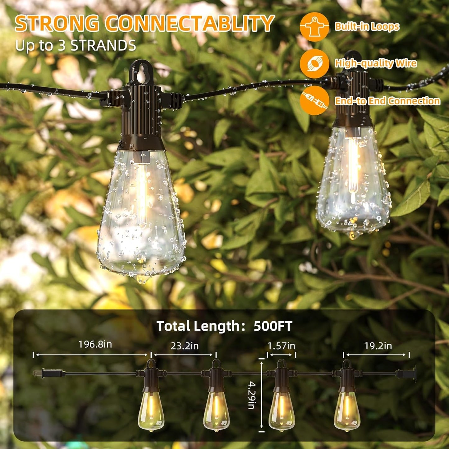 FOOMAN LED Outdoor String Lights, 500FT Outside Waterproof Hanging Patio Lights with 250+10 Shatterproof ST38 Edison Bulbs, 2700K Warm White, Dimmable Light for Back Yard Porch Party Gazebo Bistro