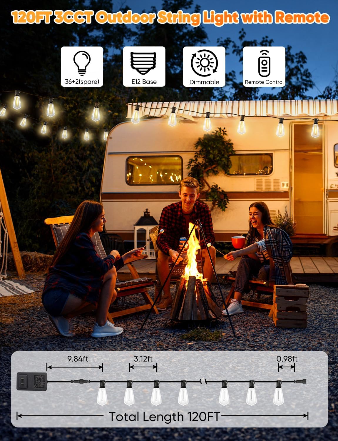 Brightever 3 Color in 1 LED Outdoor String Lights with Remote, 120FT Patio Lights Outdoor Waterproof with 38 Vintage Edison Bulbs, 3 Modes 2 Timer Dimmable String Light for Outside, 2700K/4000K/5000K