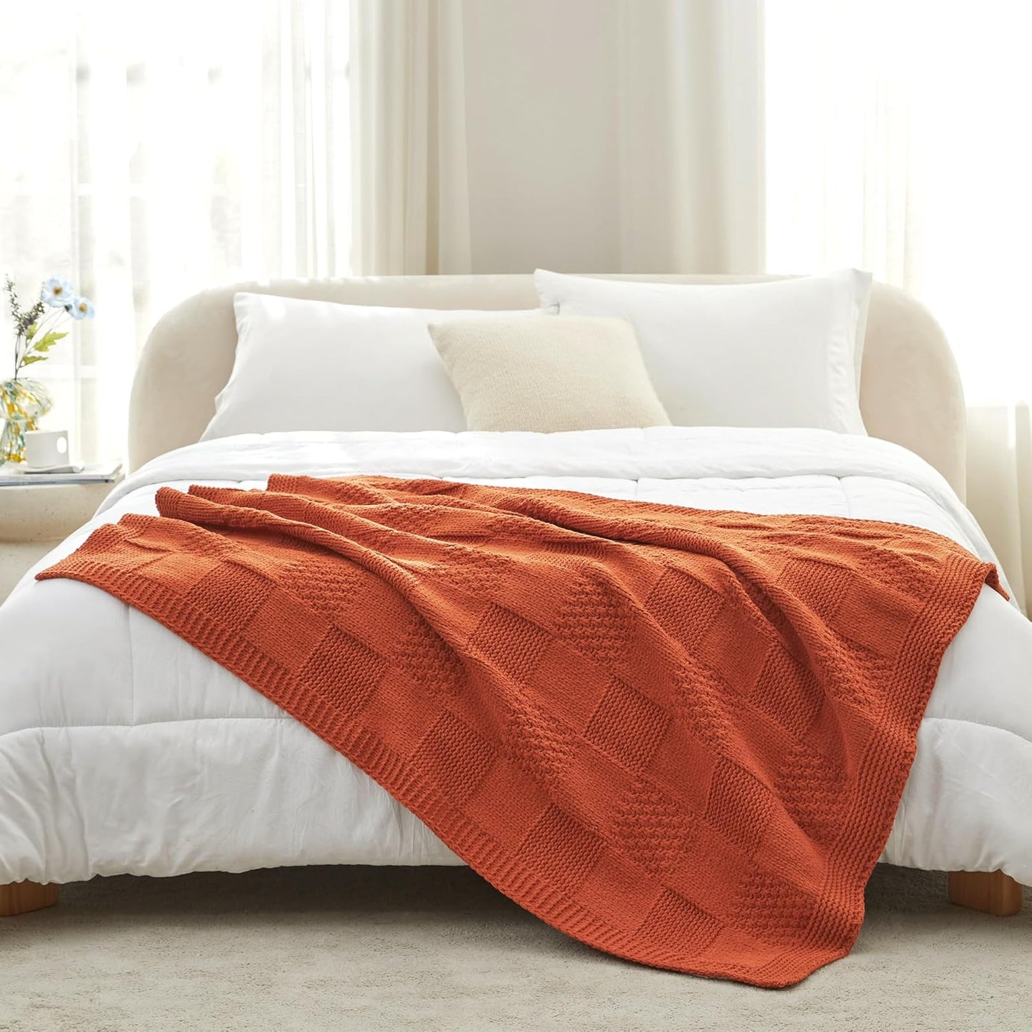 Amélie Home Checkered Chenille Knit Throw Blanket for Couch, Classic Texture Decorative Soft Blanket for Sofa, Chair & Bedroom, 50"x60", Burnt Orange