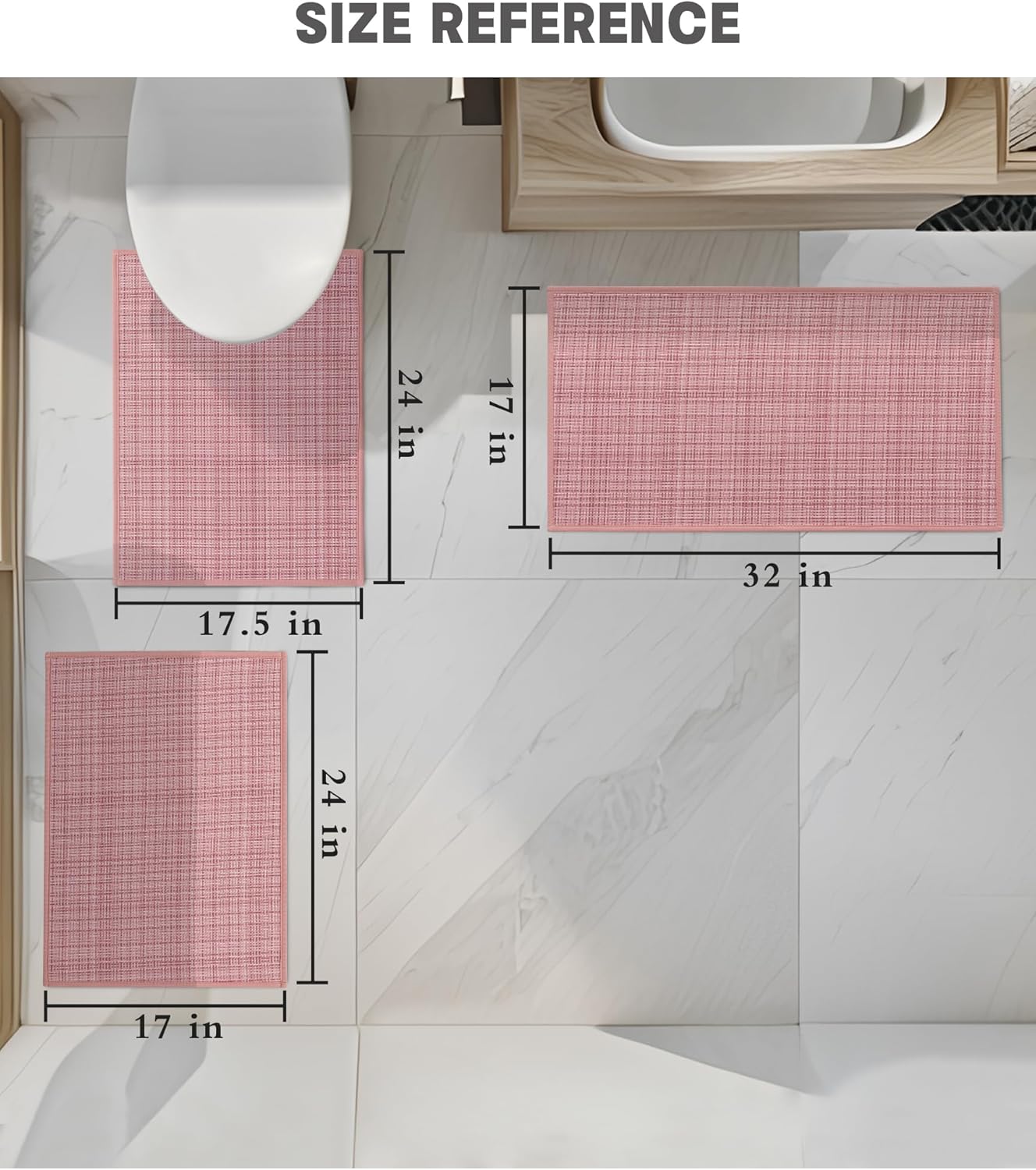 YIHOUSE Bathroom Rugs Sets 3 Pieces, Pink Ultra Thin Bath Mats Fit Under Door, Absorbent Quickly Dry Rubber Backing Braided Bath Mat Set, Non Slip Washable Bath Rugs for Bathroom Floor, Pink