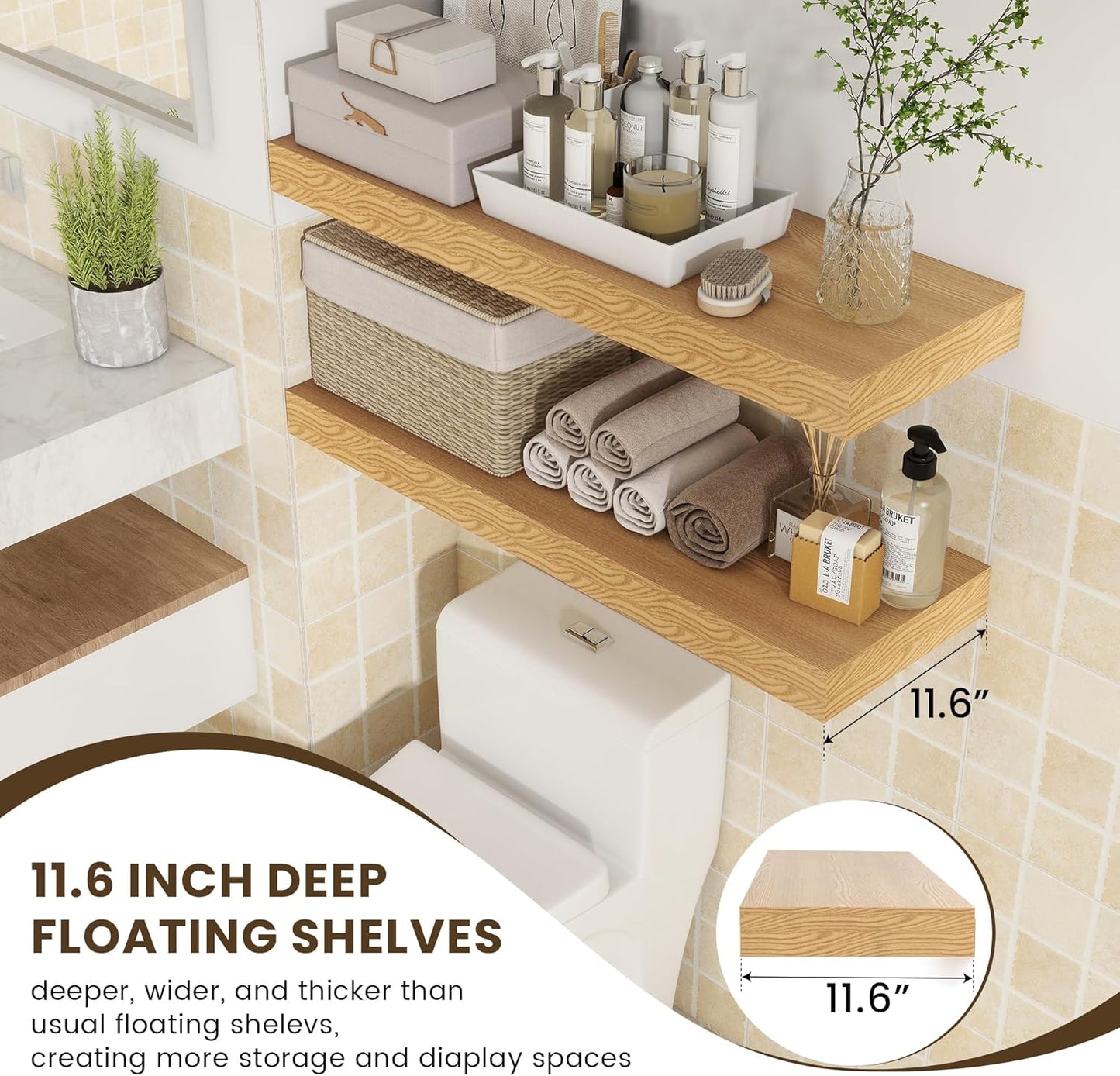Deep Floating Shelves for Wall - 36 Inch Wide x 12 Inch Deep Oak Floating Shelves Set of 2 - Rustic Wooden Wall Shelves Bookshelf Laundry Shelf TV Shelf