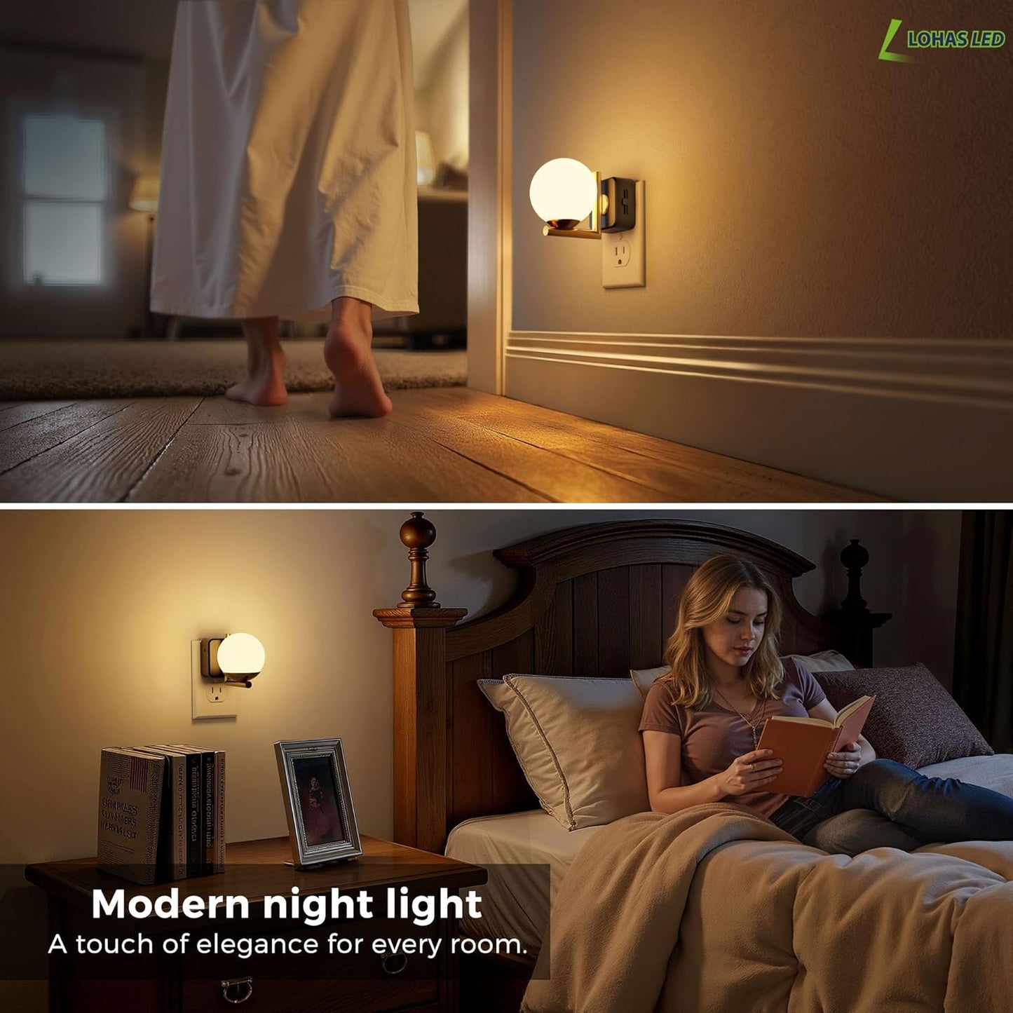 L LOHAS LED Night Lights Plug Into Wall, Dusk to Dawn Sensor, Soft White 3000K Nightlight, 0-100LM Adjustable Brightness, 180°Rotating Plug in Night Light for Bathroom, Hallway, Bedroom, Stairway