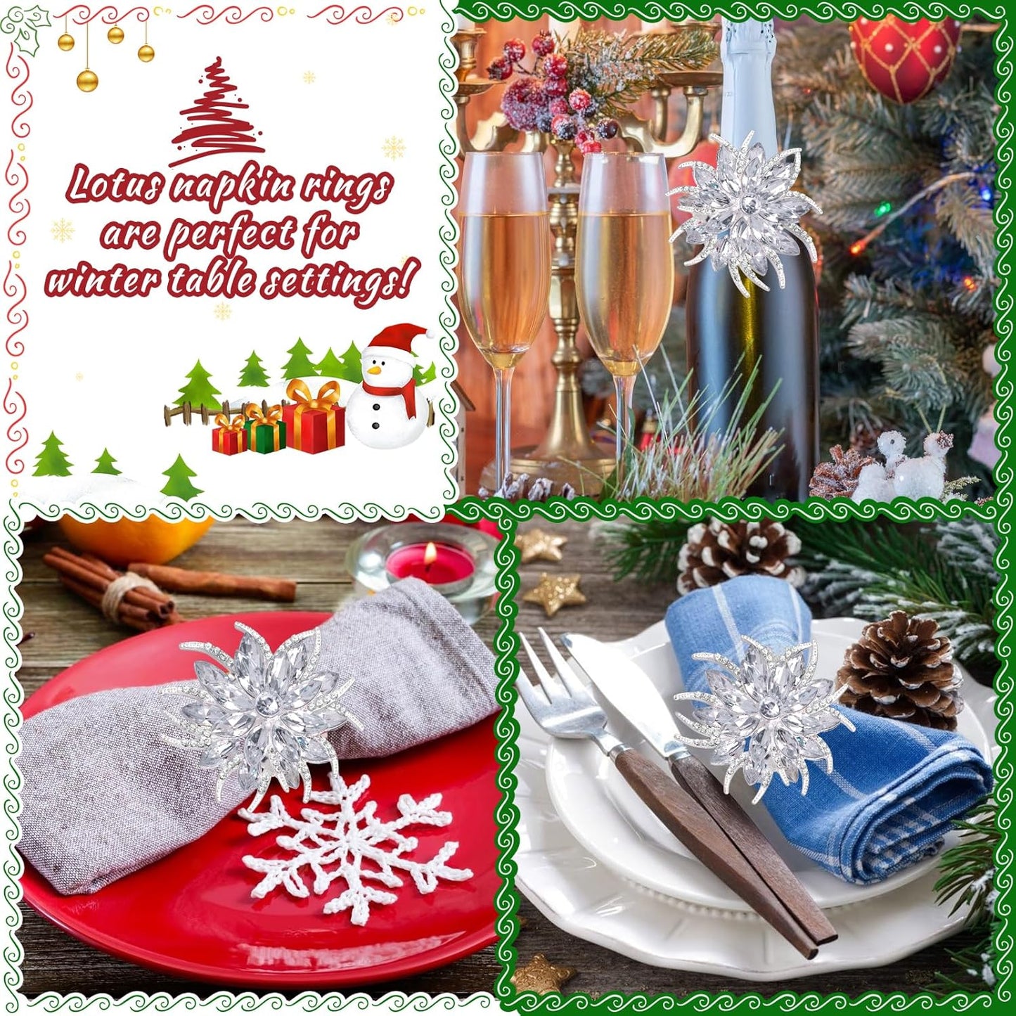 Legigo Set of 6 Christmas Lotus Flower Napkin Rings Set for Dinning Table Setting- Silver Rhinestone Xmas Winter Napkin Ring Holders for Cloth Napkins, Christmas Holiday Party Dinner Table Decoration