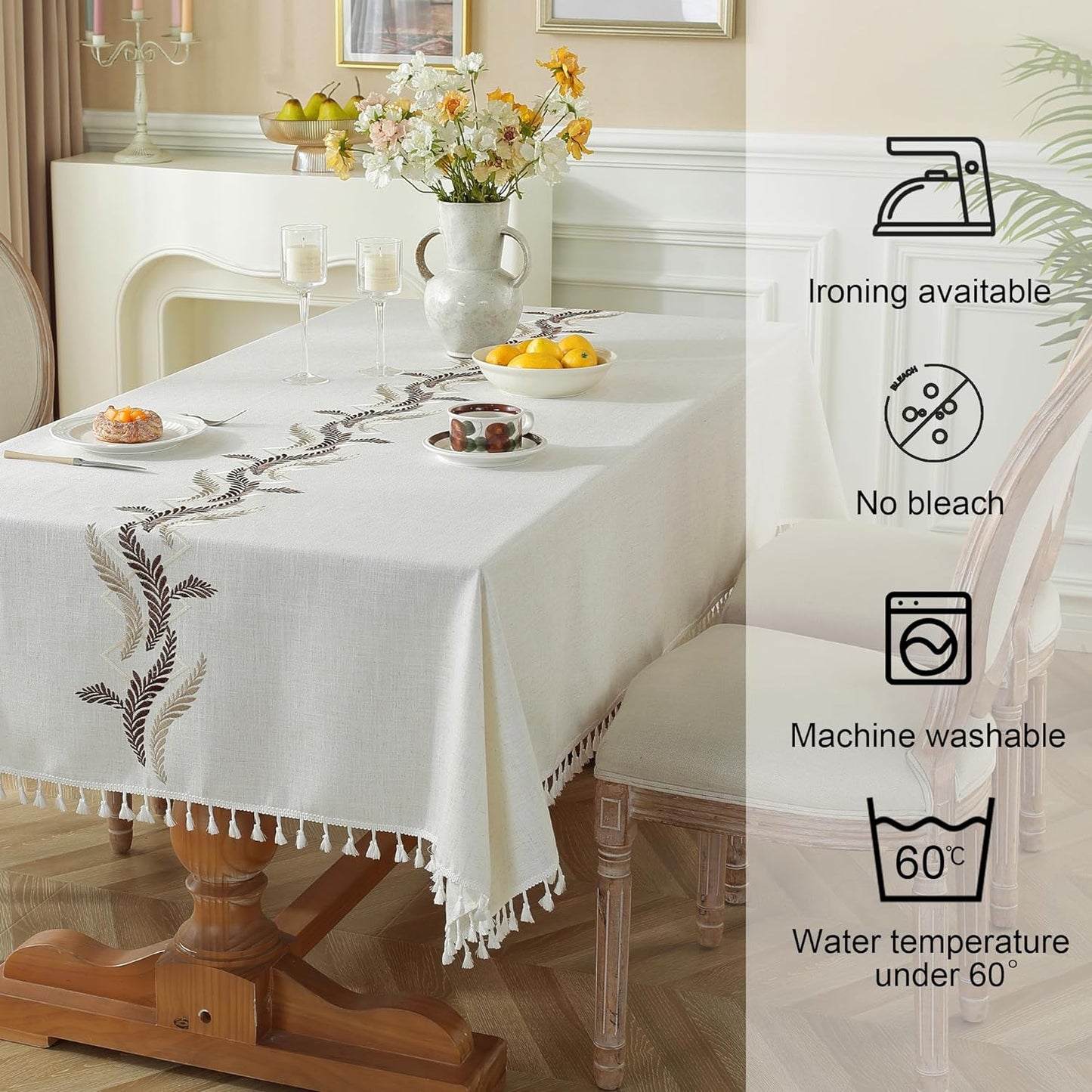 JIALE Tablecloths for Rectangle Tables, Cotton Linen Table Cloth Waterproof Tablecloth Wrinkle Free Farmhouse Dining Tables Cover, Soft Fabric Table Cloths with Tassels, Beige, 55" X 120", 10-12 Seats